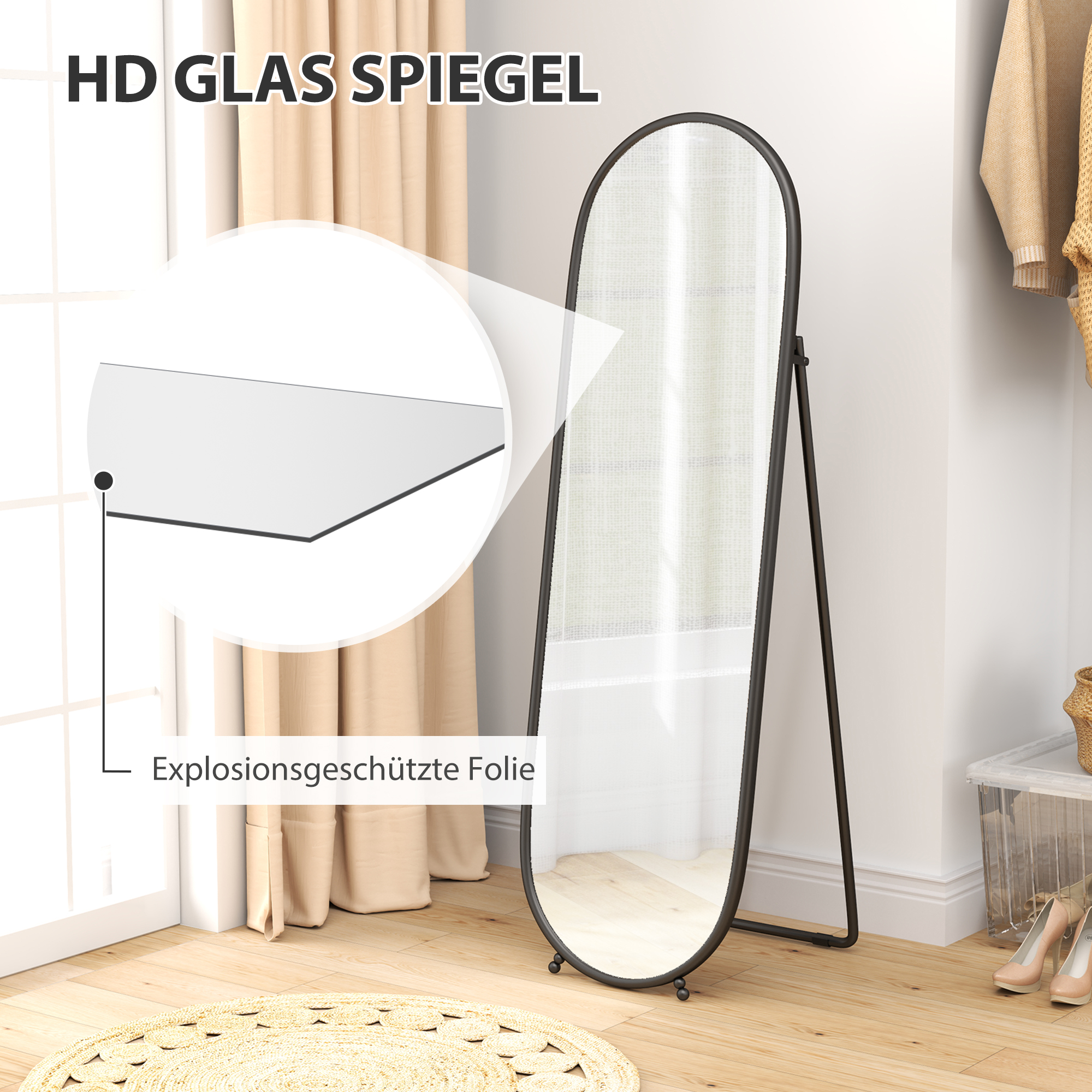  Oglinda Ovala de Podea, cu Suport Rabatabil, din Sticla si Metal, 40x41x159 cm, Negru [4]