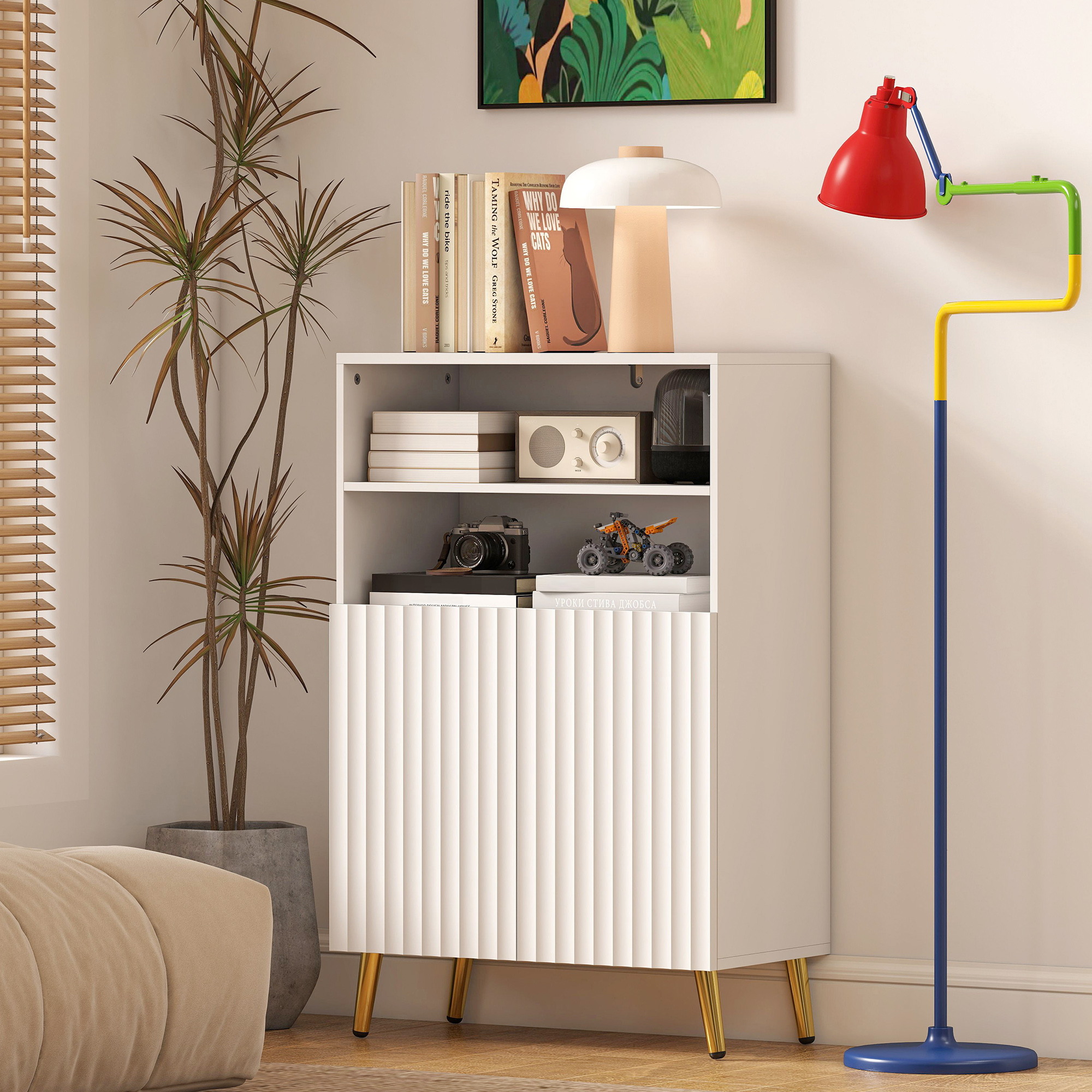  Dulap de Baie cu 2 Rafturi Deschise si Dulap, Dulap Compact cu Usi Amortizate, Raft Reglabil, pentru Bucatarie Living, 60x31.8x93 cm, Alb [8]