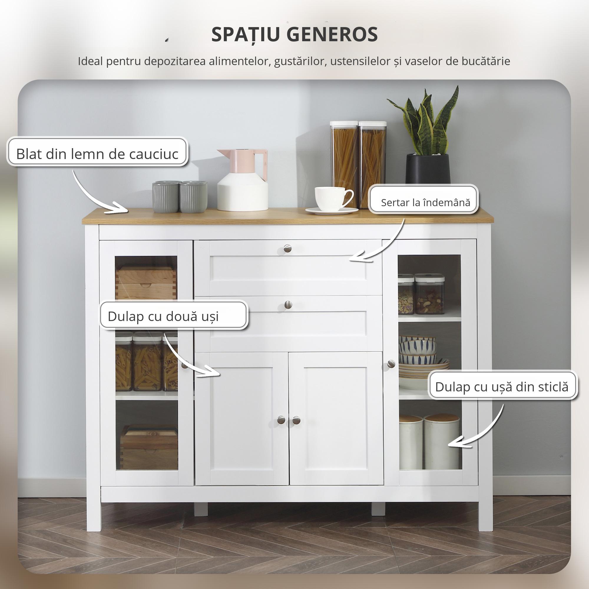  Comoda de Bucatarie cu Sertare, Dulapuri si Usi din Sticla Alb si Stejar [3]