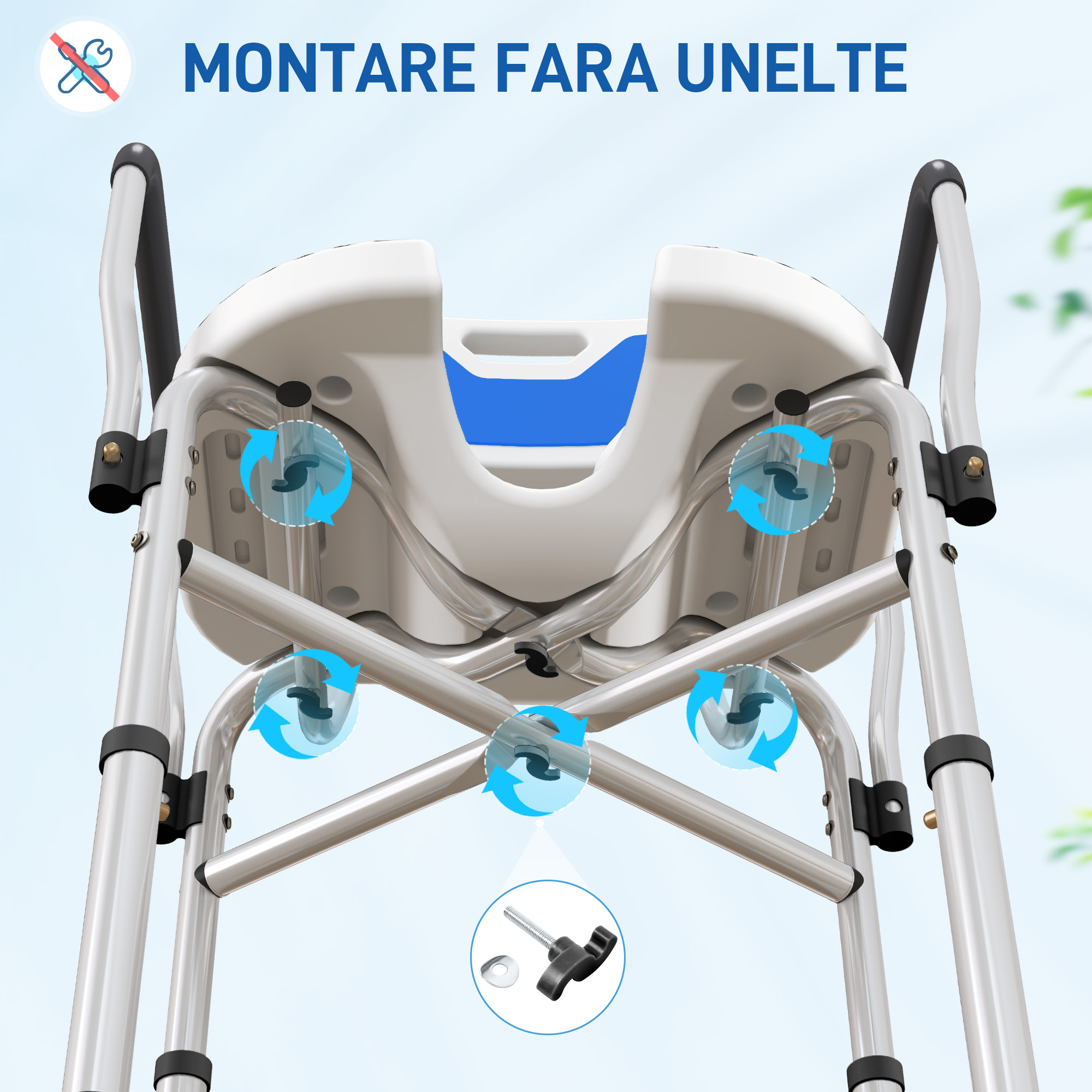  Scaun de Dus cu Spatar, Brate, sezut Canelatat, Bare de Ranforsare si inaltime Reglabila, 53x41,5x78,5-91,5 cm, Albastru [8]