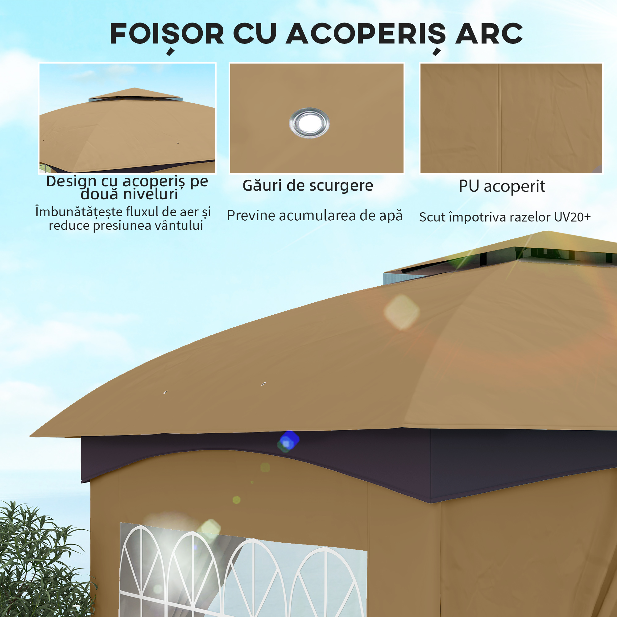  Foisor de Gradina 3.4x3.4m cu Pereti, Protectie UV si Acoperis pe 2 Niveluri, Bej [3]
