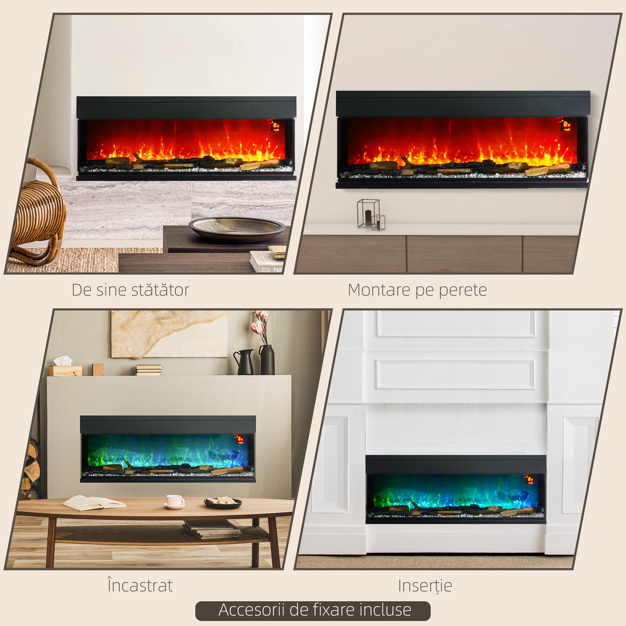  semineu Electric incorporat si de Perete 1800W cu Flacari LED Colorate Reglabile, Temperatura de pana la 40°C, Negru [7]