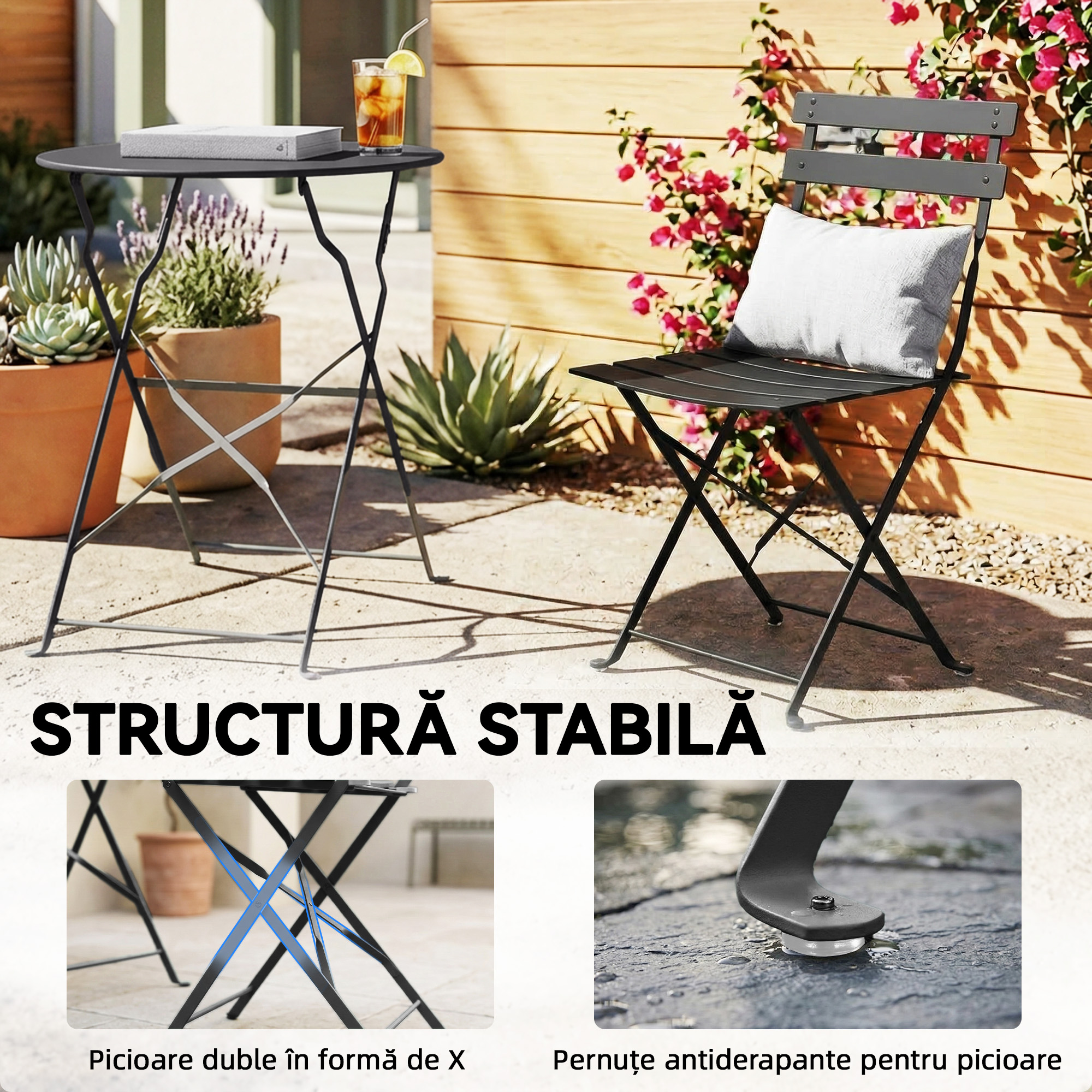  Set Bistro Exterior, Mobilier Pliabil cu Masa si 2 Scaune, Negru [7]