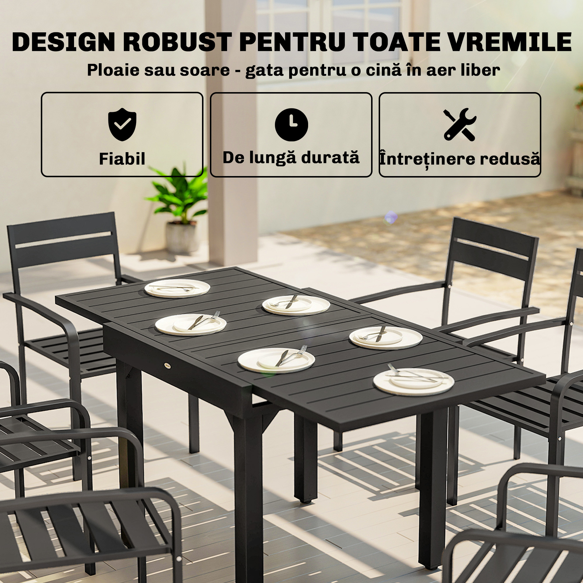  Masa Extensibila cu sipci pentru Gradina, 4-6 Persoane, din Aluminiu si Otel, 80/160x80 cm, Negru [5]