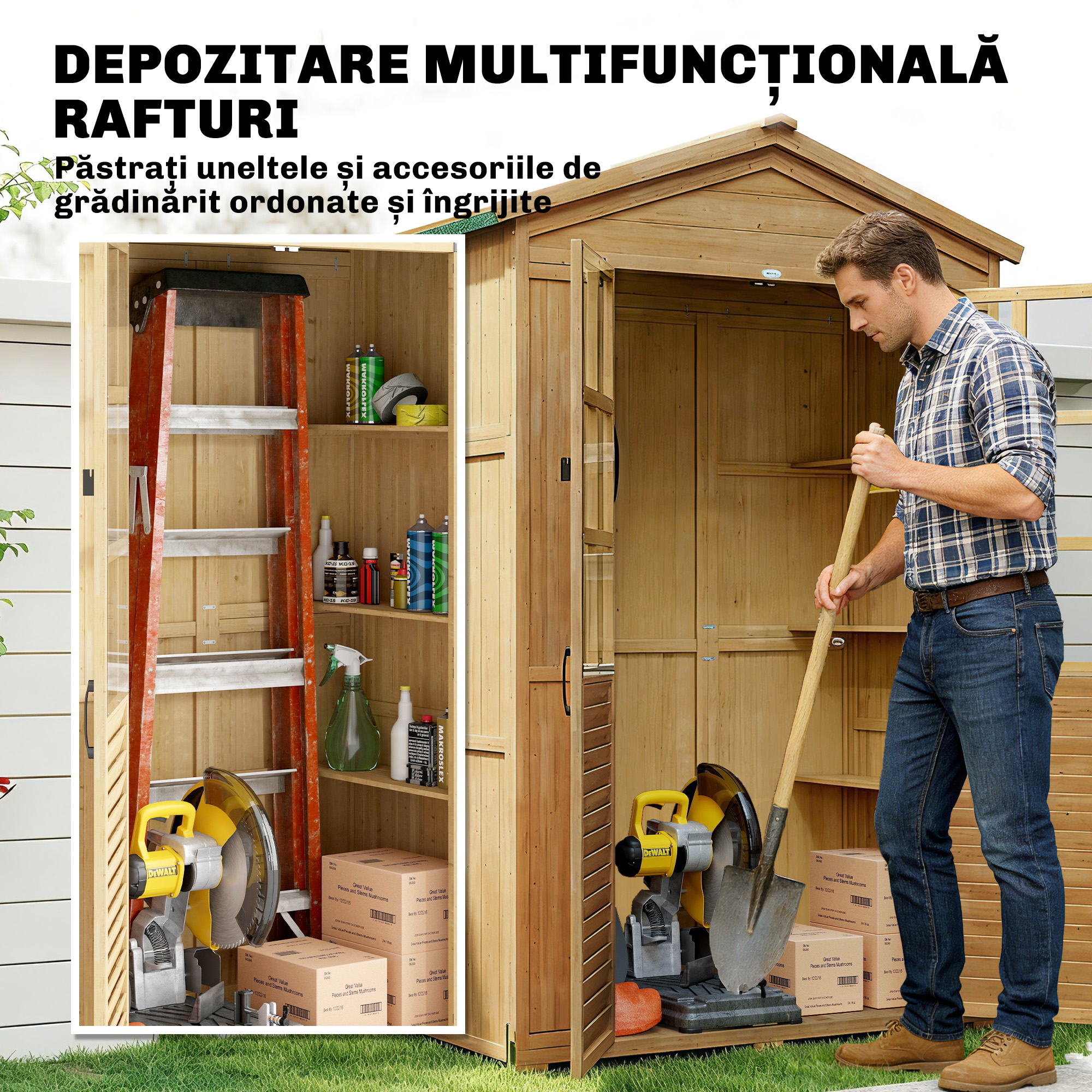  Dulap de Gradina din Lemn de Brad cu Rafturi si Ferestre din Acril, Casuta Depozitare Unelte Exterioare cu Acoperis Asfaltat, Usi Blocabile, 128x57.5x197 cm, Maro Deschis [4]
