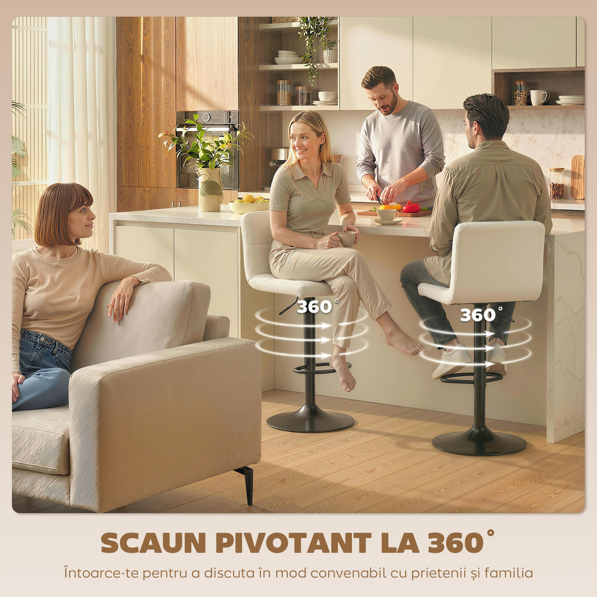  Set 2 Scaune de Bar Reglabile cu Suport pentru Picioare, din Piele PU si Otel, 39,5x44x88-110 cm, Crem [5]