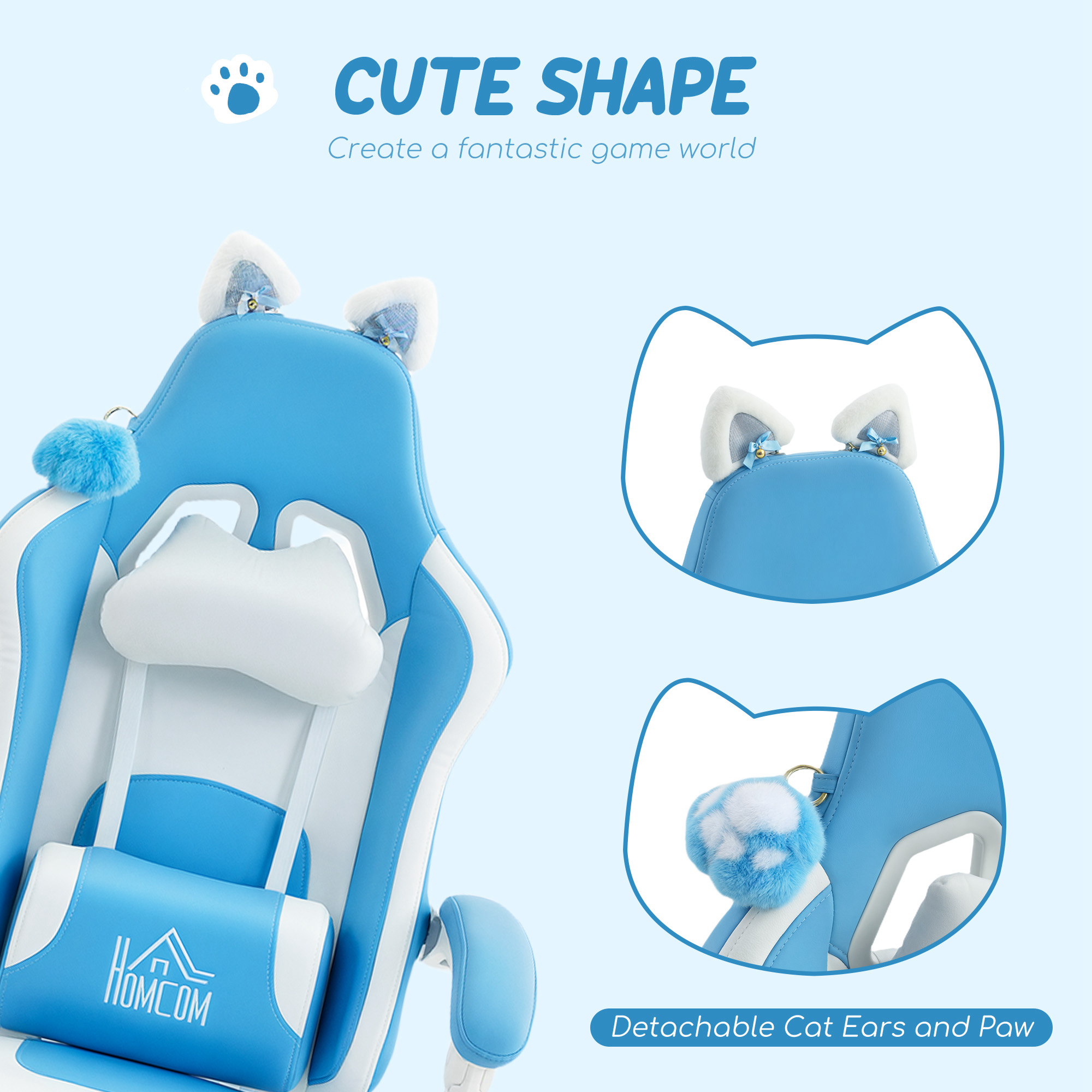  Scaun de gaming reclinabil cu suport pentru picioare si perne, 65x62x124 cm, alb si albastru [3]