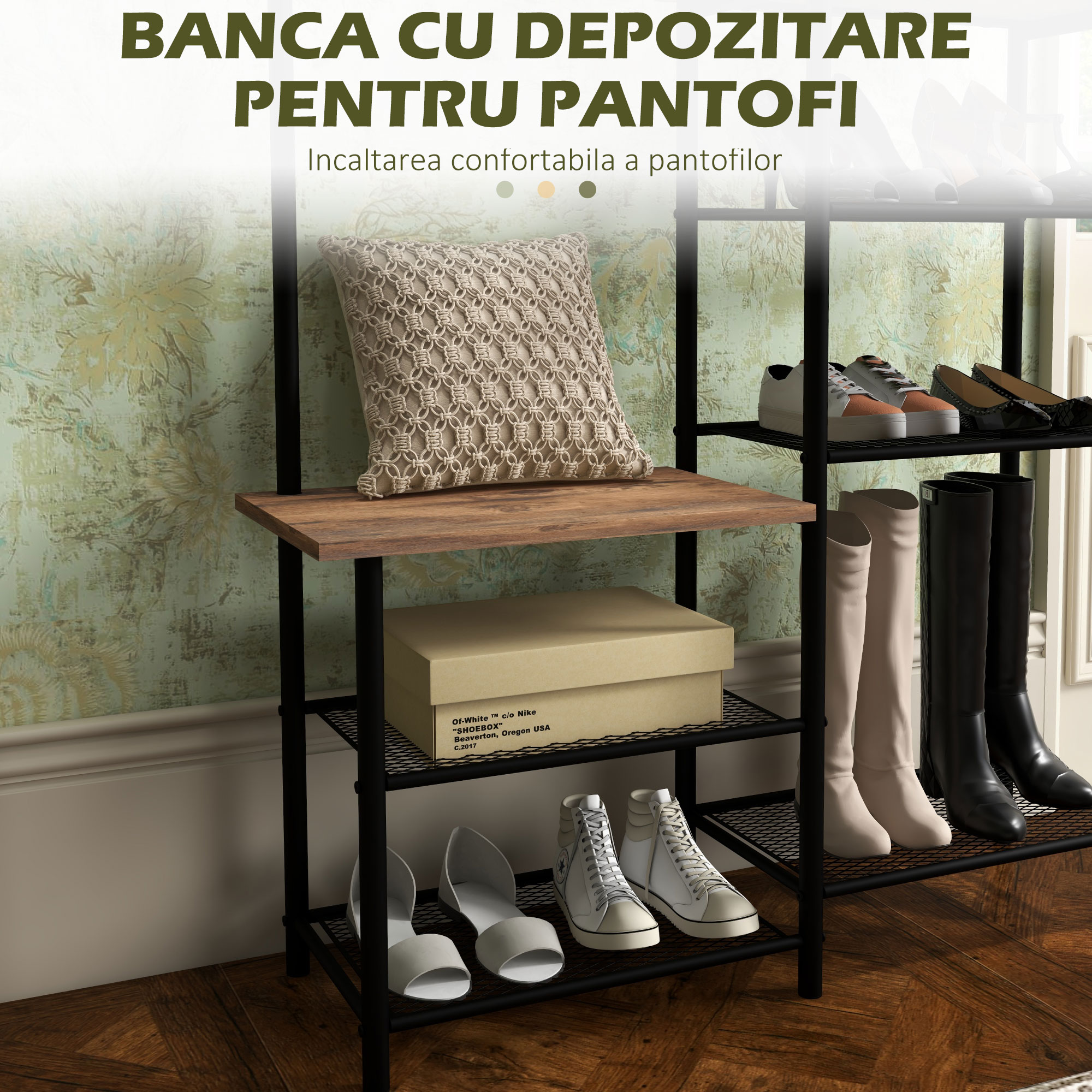  Cuier de Podea cu 6 Agatatori din PAL si Otel cu Dulap pentru Pantofi si Depozitare, 92.5x28.2x182 cm [4]