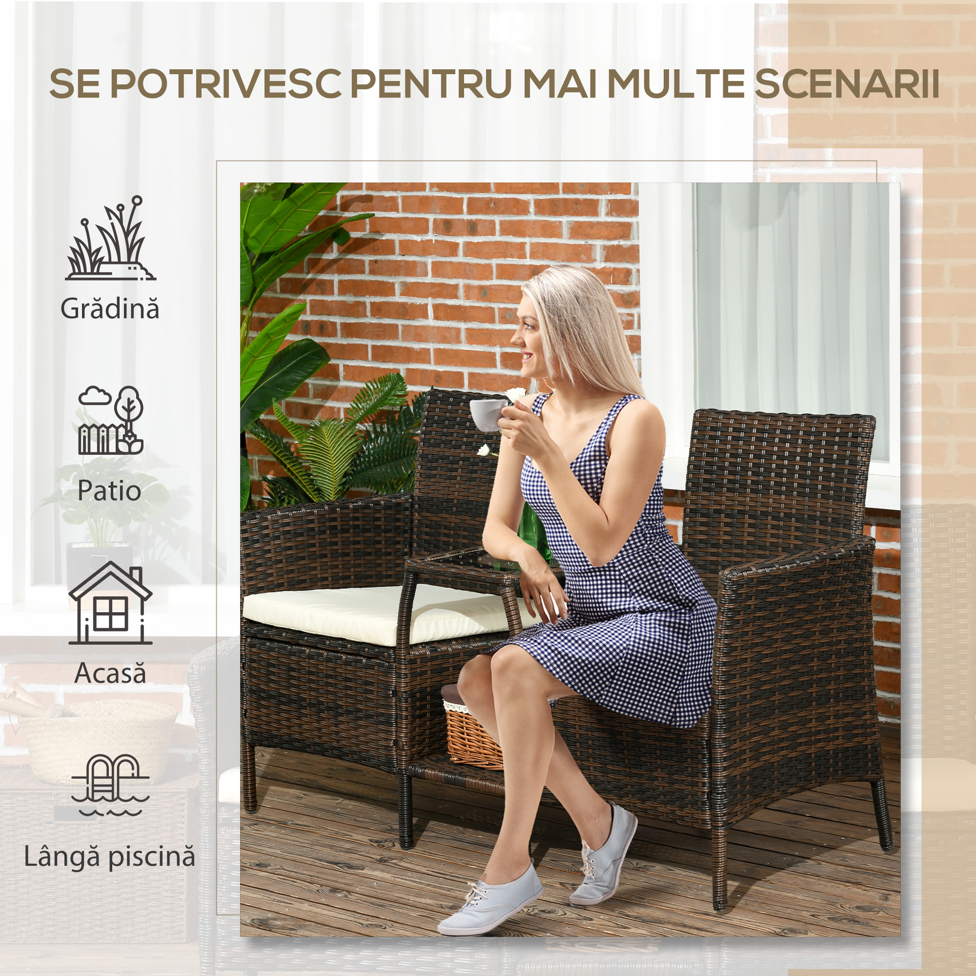  Set de Gradina din Ratan cu 2 Scaune Moderne si Masuta de Cafea, 138x60x87 cm, Maro [5]