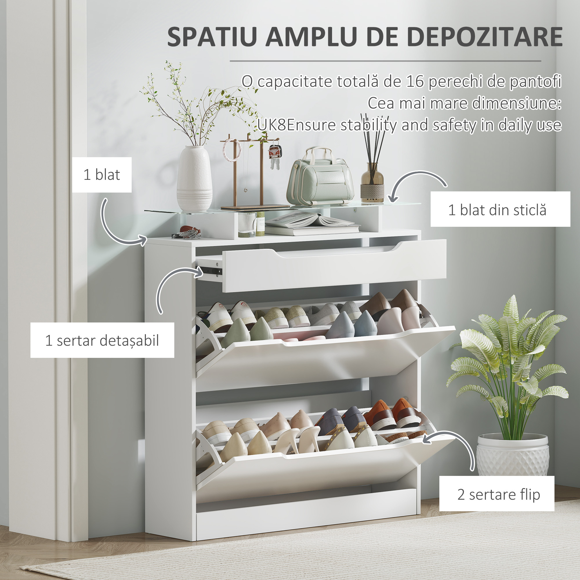  Suport Pantofi Modern - 16 Perechi, 2 Sertare & Raft Sticla [3]