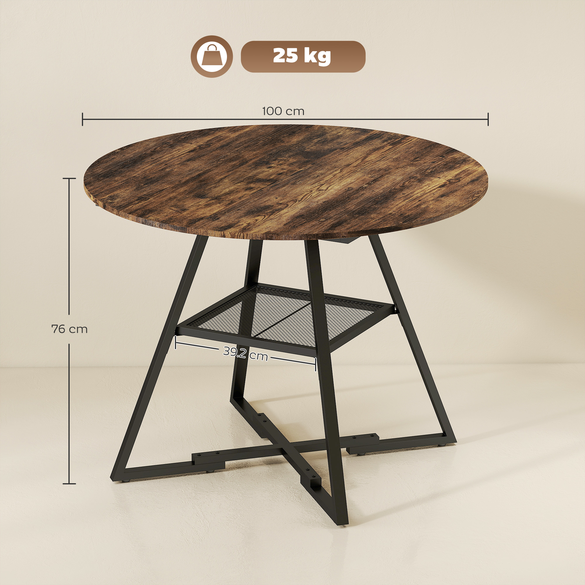  Masa de dining 4 locuri, 100 cm rotunda, bucatarie industriala, polita de depozitare, maro rustic. [2]