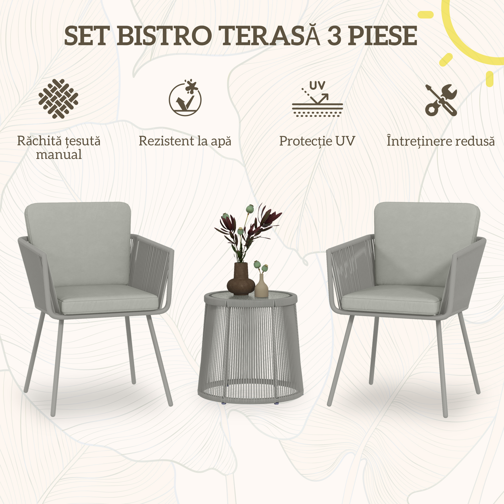  Set Mobilier de Gradina cu 2 Scaune si Masuta de Cafea cu Blat din Sticla, Ø49x47 cm, Gri [3]