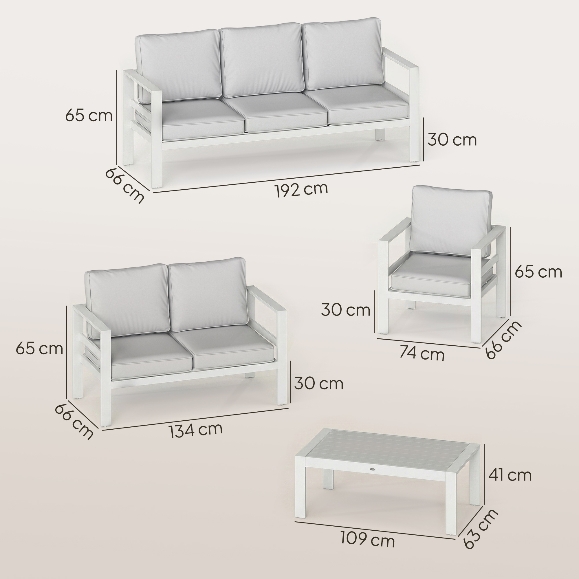  Mobilier de Gradina din Aluminiu cu Canapea 3 Locuri, 2 Fotolii si Masa pentru Exterior, Alb [2]