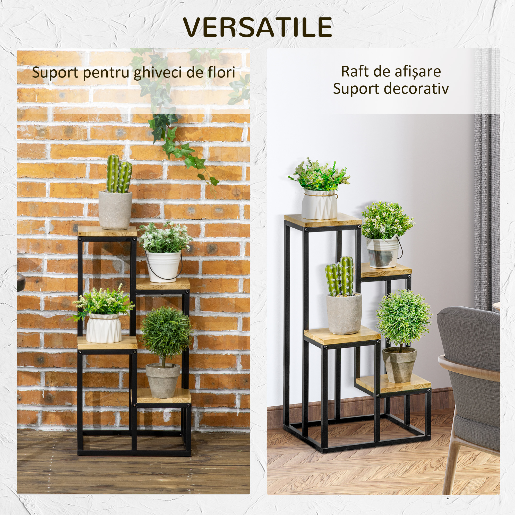  Raft pentru Plante cu 4 niveluri din Metal si Lemn de Brad pentru Interior si Exterior, 34x34x66 cm, Natural [5]