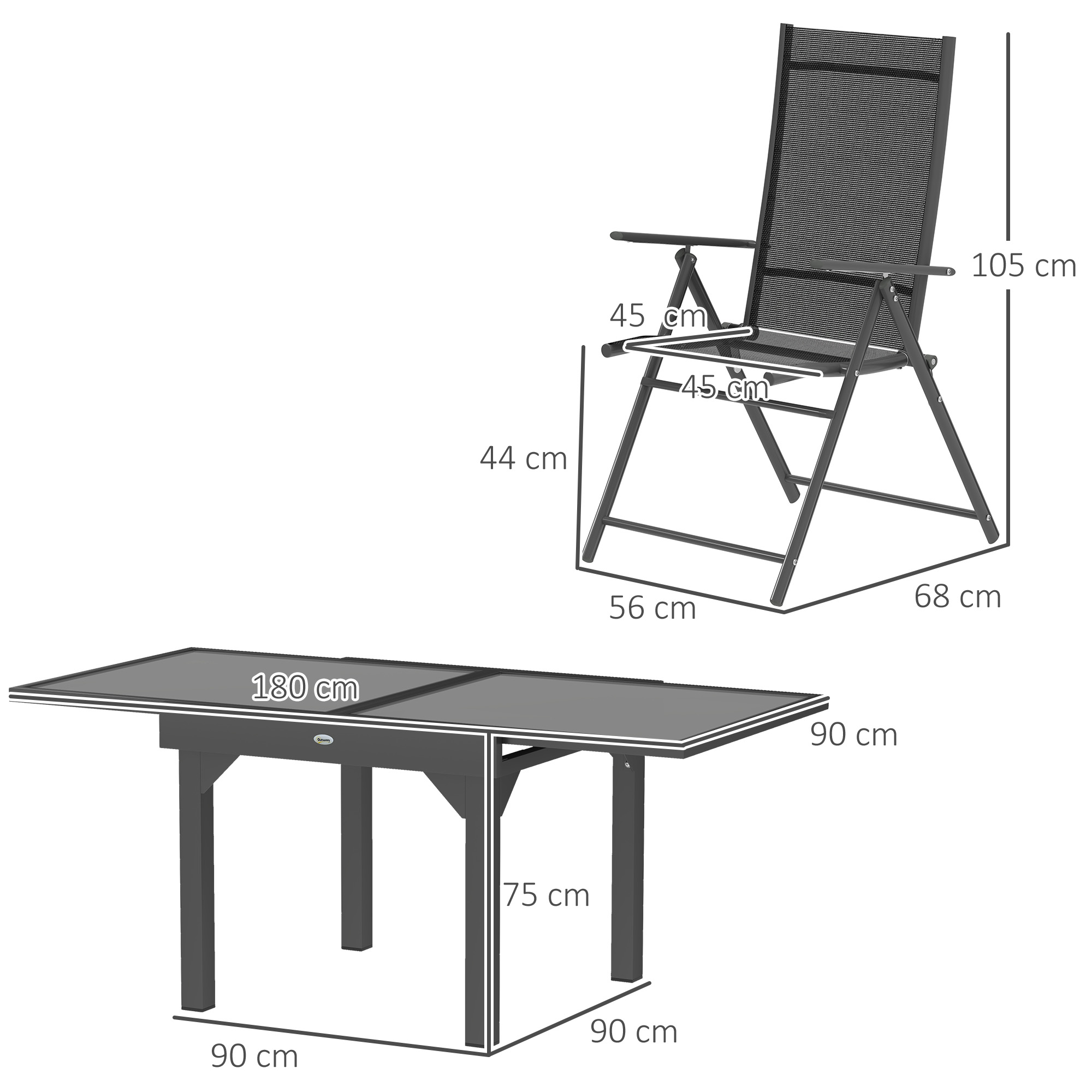  Set de Gradina cu Masa Extensibila din Sticla si 6 Scaune de Exterior Pliabile, Otel si Textilena, Gri [2]