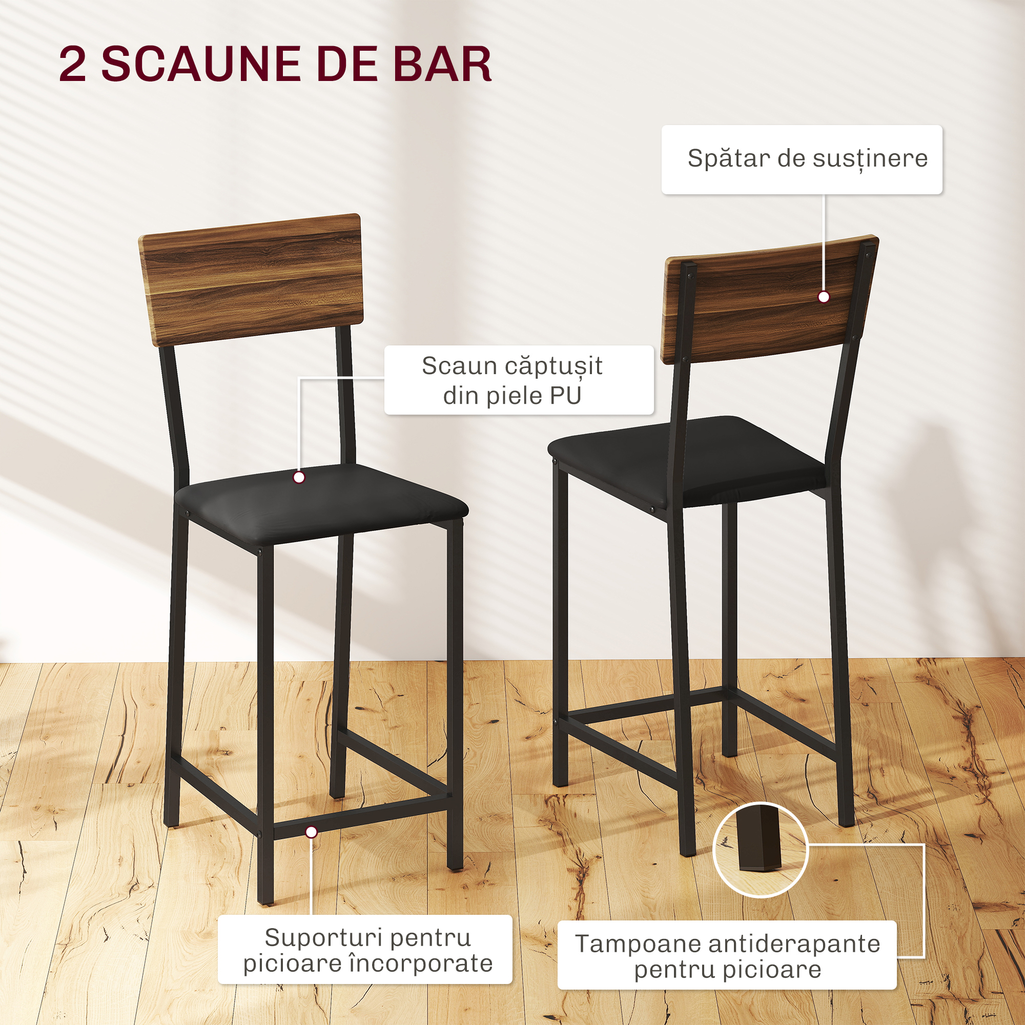  Set Blat de Bar Pliabil si 2 Scaune, Suport Vin si Pahare, Maro [5]