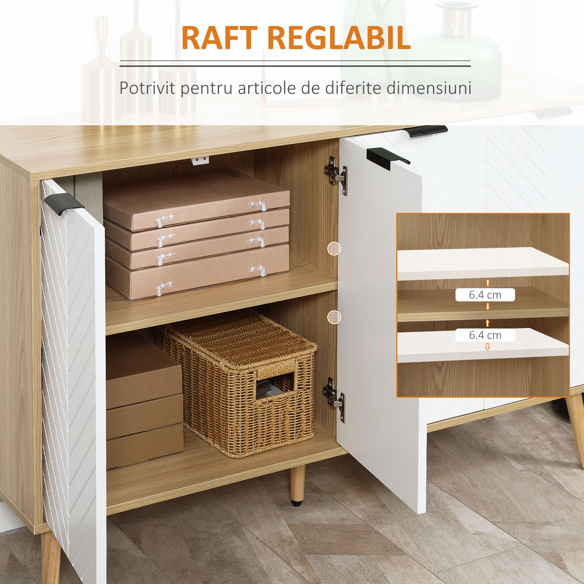  Bufet Bucatarie, Mobilier Bucatarie cu Rafturi Reglabile si Picioare din Lemn de Pin, Bufet Modern pentru Living, Sufragerie, Bucatarie, 120x35x77.4cm, Natur si Alb [5]