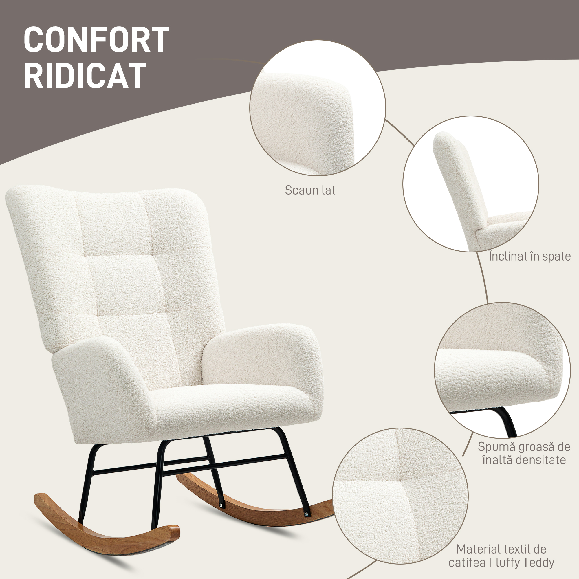  Scaun Balansoar Fotoliu Relaxant din Catifea Teddy, Alb Crem [4]