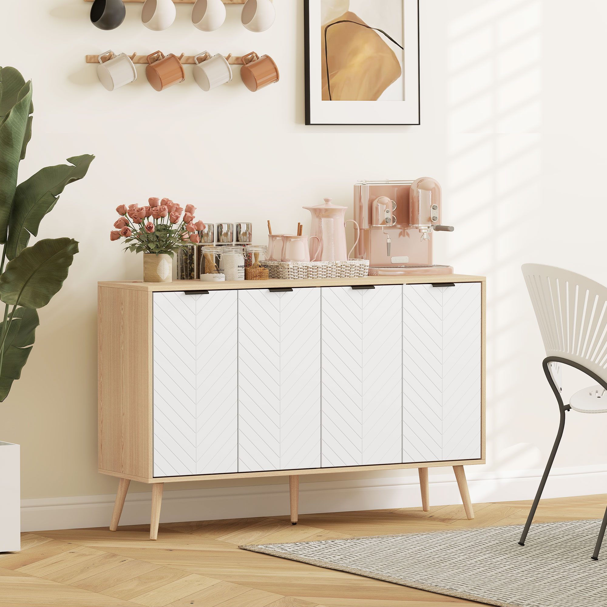  Bufet Bucatarie, Mobilier Bucatarie cu Rafturi Reglabile si Picioare din Lemn de Pin, Bufet Modern pentru Living, Sufragerie, Bucatarie, 120x35x77.4cm, Natur si Alb [1]