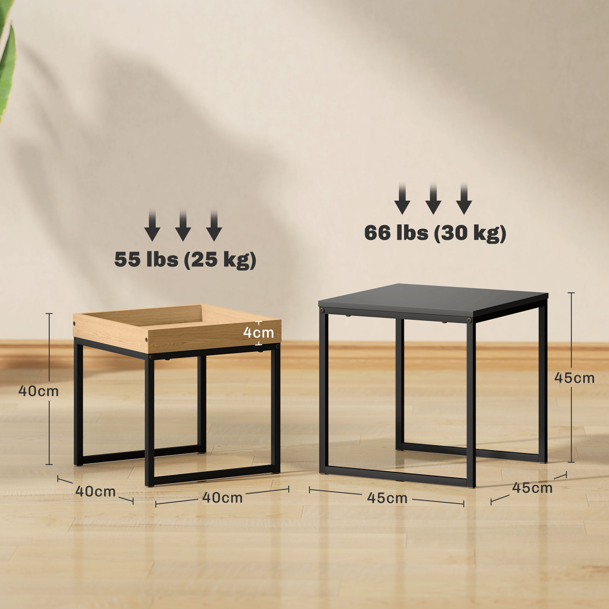  Set 2 Masute de Cafea Moderne cu Picioare in Forma de U, Masute de Sufragerie din Lemn si Otel, 40x40x40 cm, Negru [2]