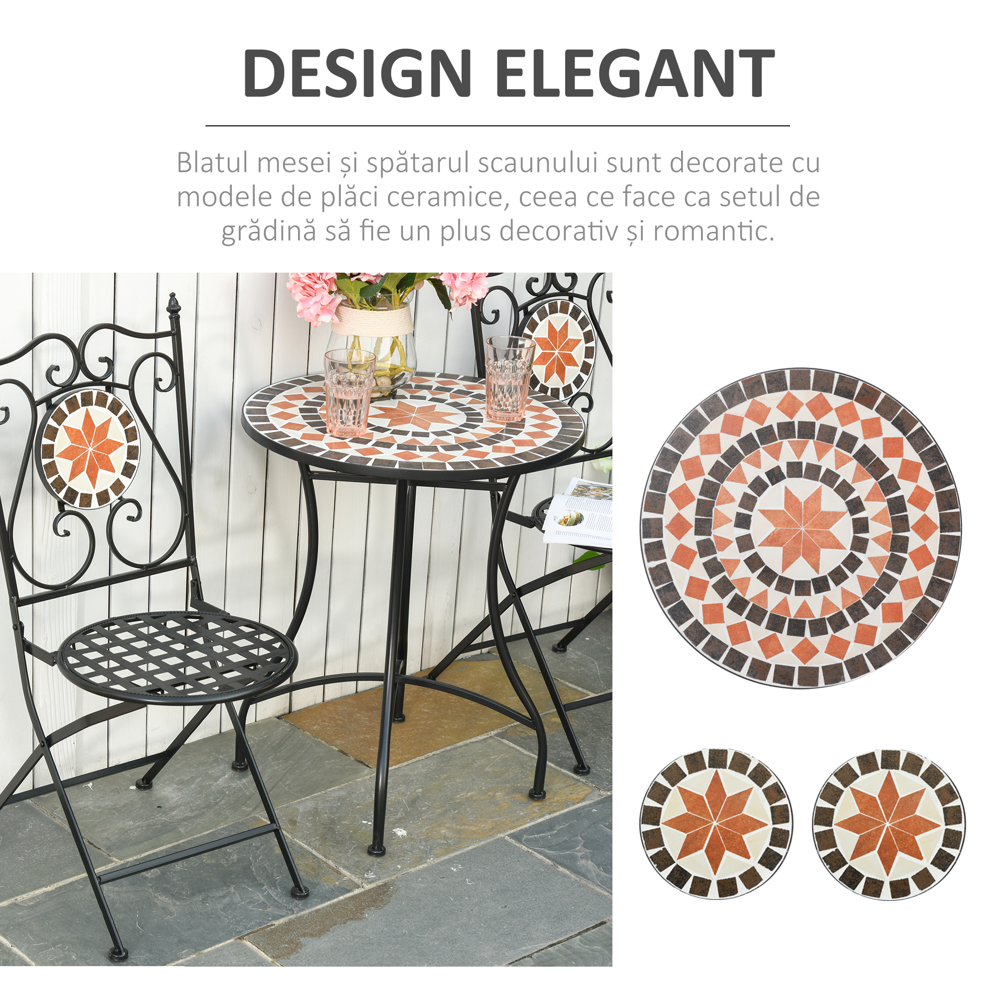  Mobilier Gradina 3 Piese - 2 Scaune & Masa Mozaic Metalica [4]