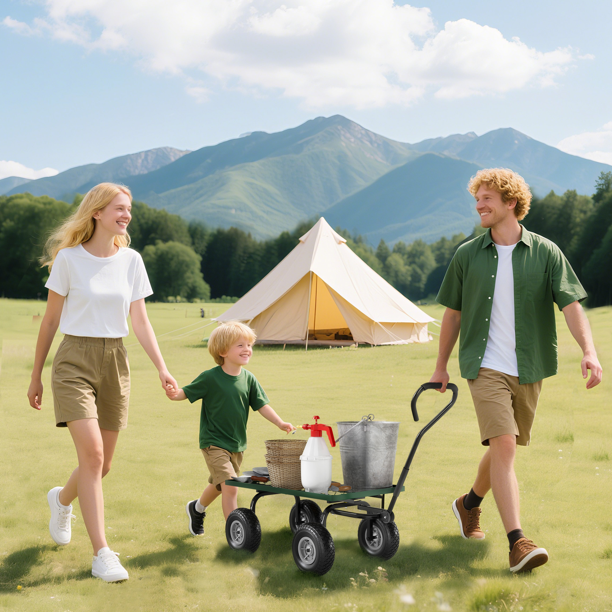  Roaba de Gradina cu Maner si 4 Roti Mari, Capacitate 150 kg, 94x48,5x100 cm, Verde [1]