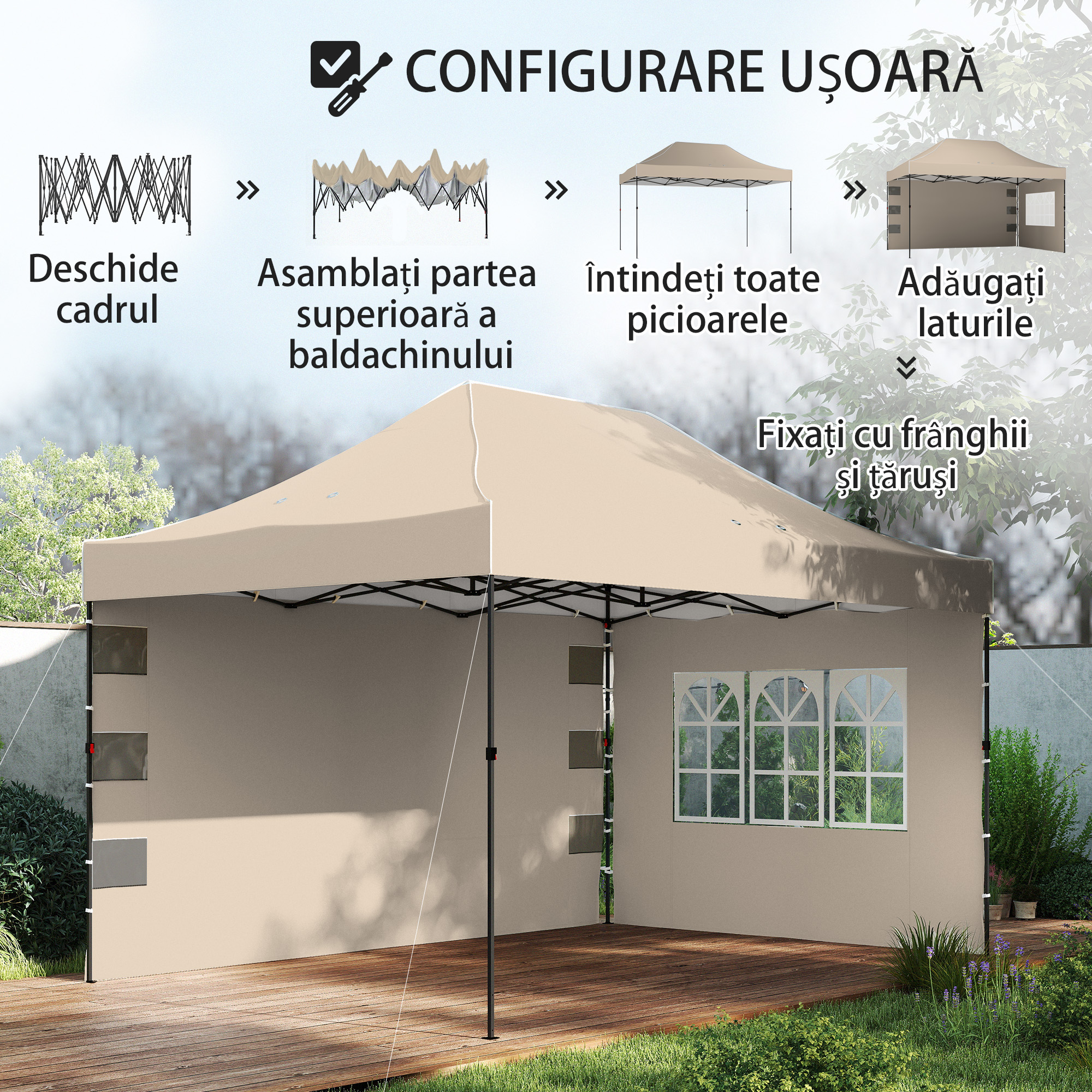  Gazebo Pop Up pliabil cu pereti laterali si ferestre, 2.9x4.3 m, din metal si tesatura Oxford, maro nisipiu [6]