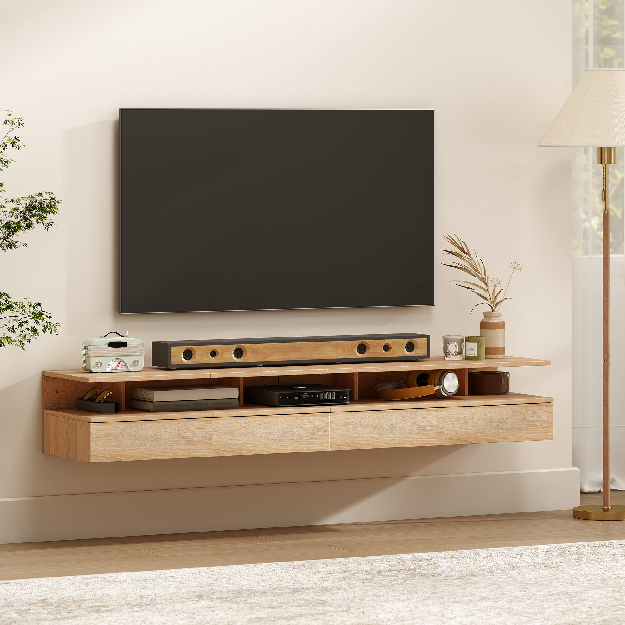  Set de 2 Noptiere Suspendate cu Sertar si Raft Deschis, 35x32x22.5 cm, Stejar [7]