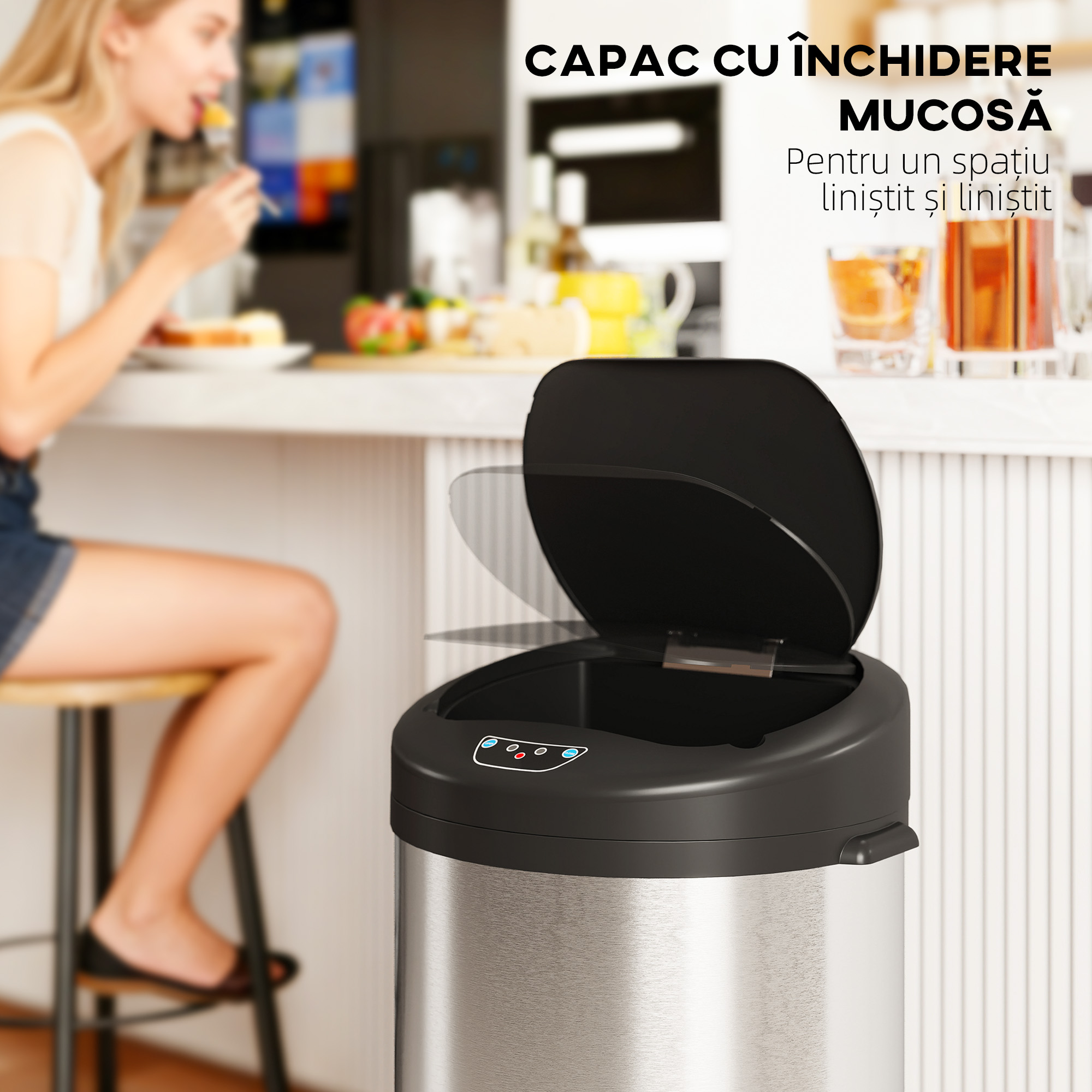  Cos de gunoi de 55L cu senzor pentru deschidere automata si inchidere amortizata, 32x30x78.5 cm, Argintiu [6]