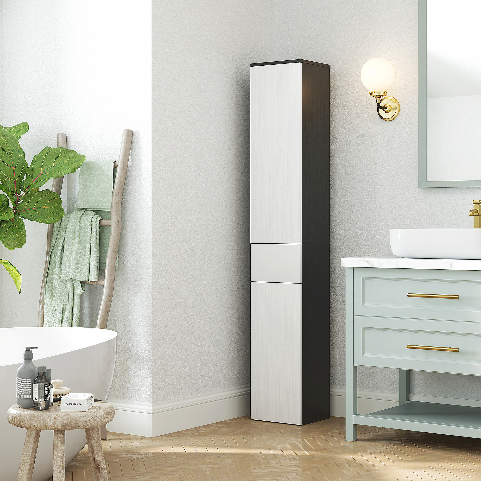  Coloana de baie economisitoare de spatiu din lemn cu 2 dulapuri si sertar, 30x28x180 cm, negru [6]