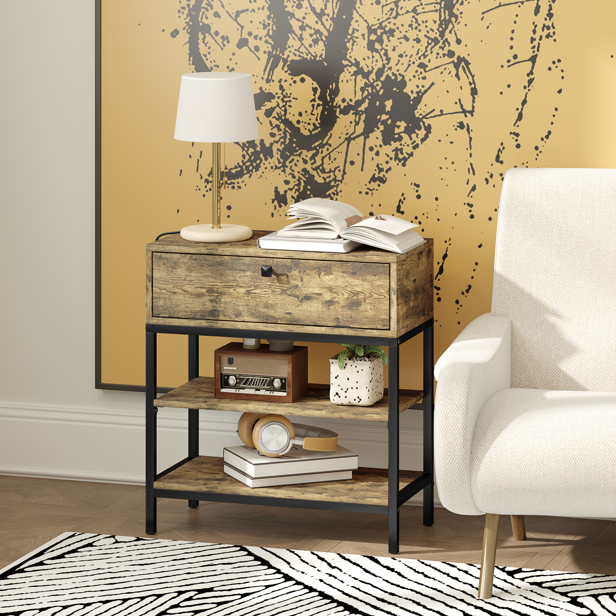  Masuta de Canapea cu Sertar si 2 Rafturi in Stil Industrial, din Lemn si Metal, 60x30x66.5 cm, Negru si Maro [6]