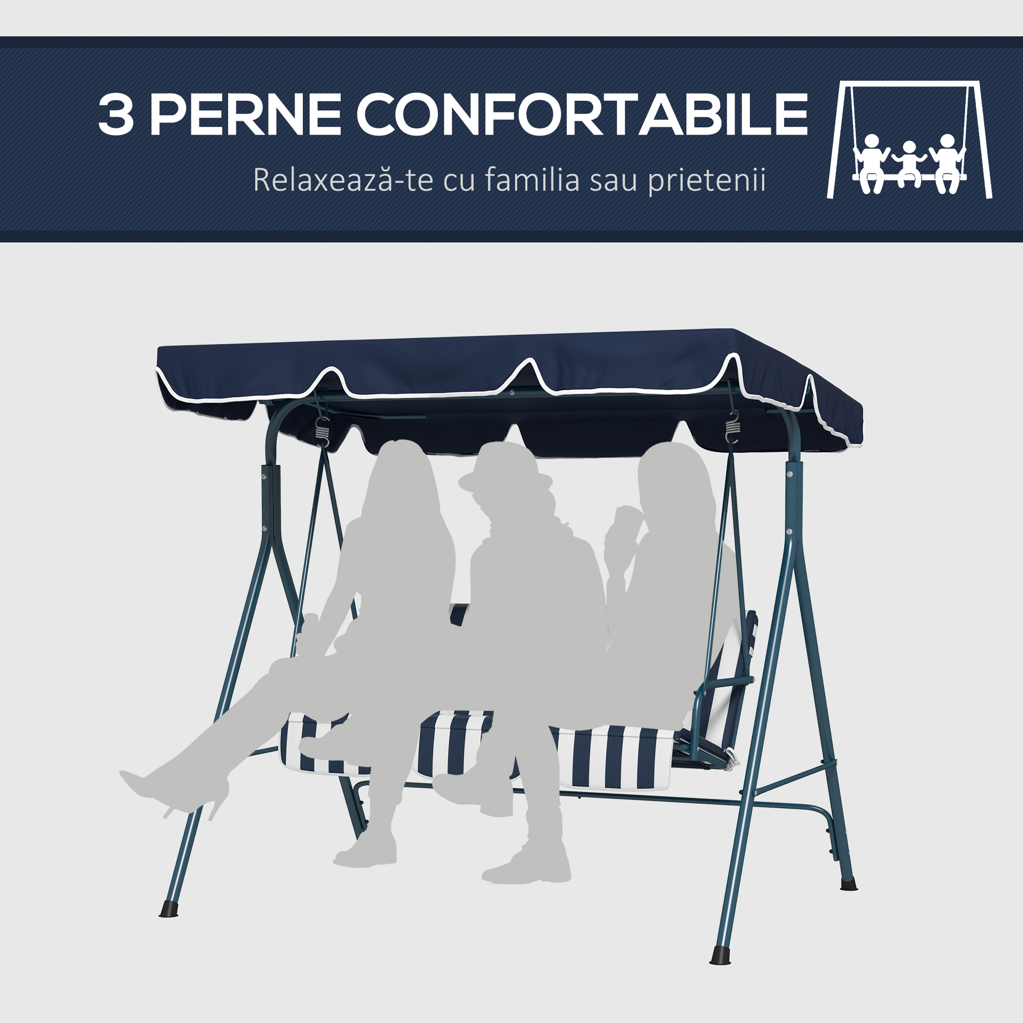  Leagan de Gradina cu 3 Locuri cu Acoperis Solar, Balansoar in Aer Liber cu Structura din Otel si Poliester, 172x110x153 cm, Alb si Albastru [5]