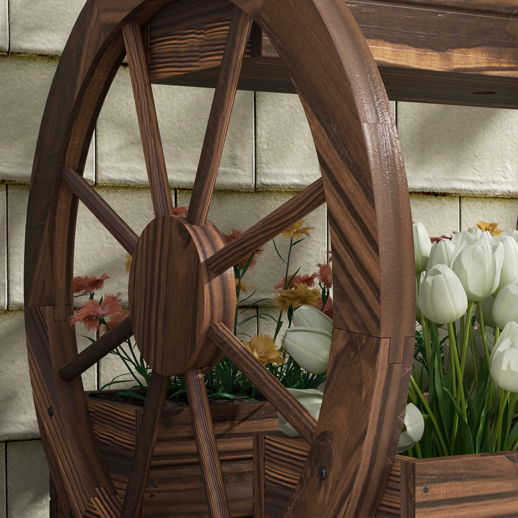  Jardiniera in Lemn pentru Exterior pe 2 Nivele cu 3 Ghivece si Roti de Caruta in Stil Rustic, 64x54x60 cm [8]