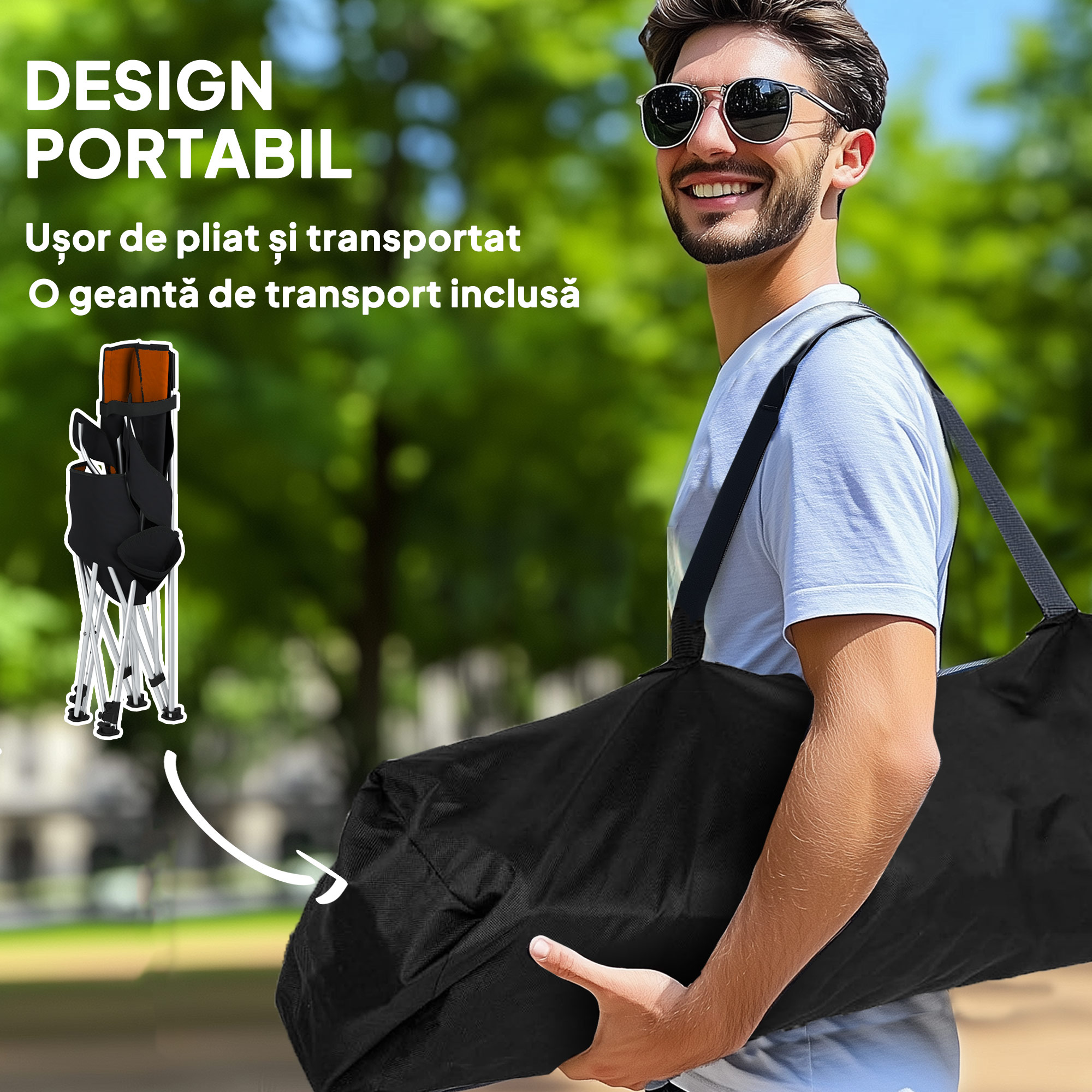  Set de 2 Scaune de Camping Pliabile cu Suport pentru Picioare Detasabil, 82x100x88 cm, Negru [5]