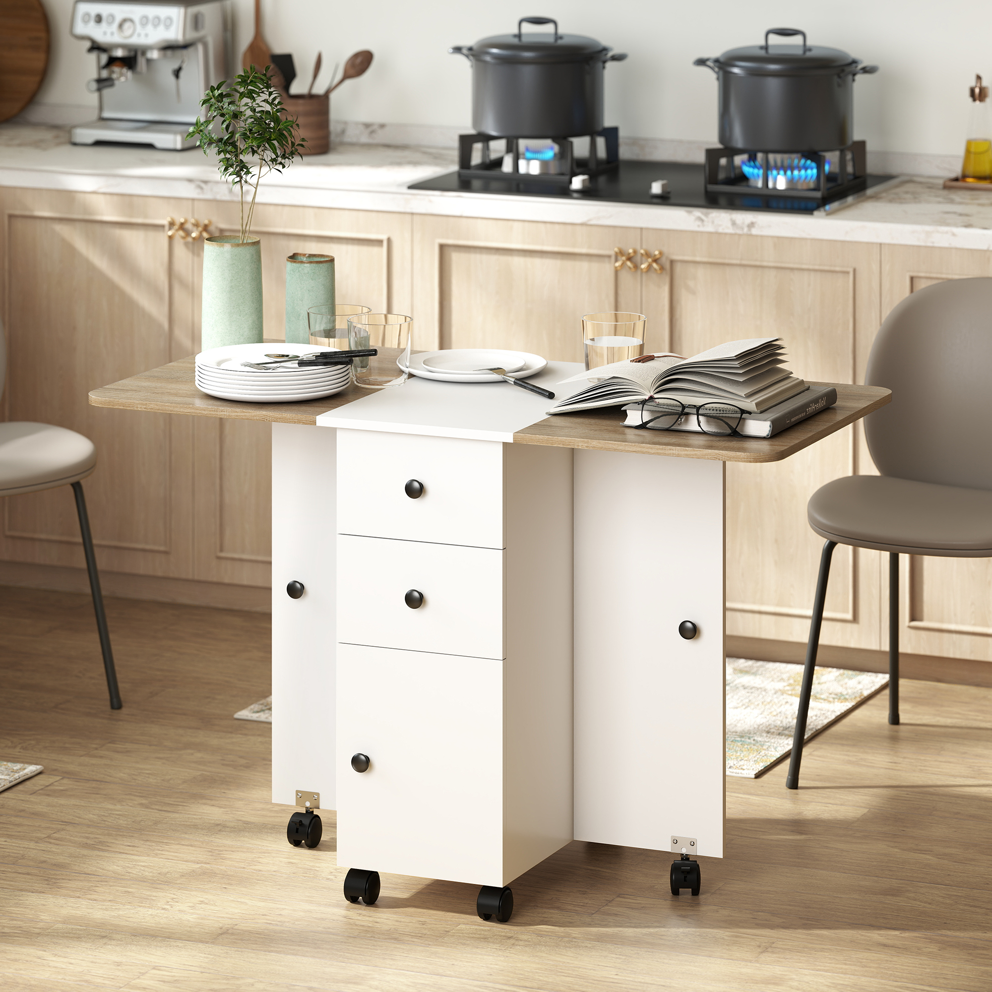  Masa pliabila cu 2 sertare si dulap, 6 roti si frane, 120x60x76.5 cm, alb si stejar [1]