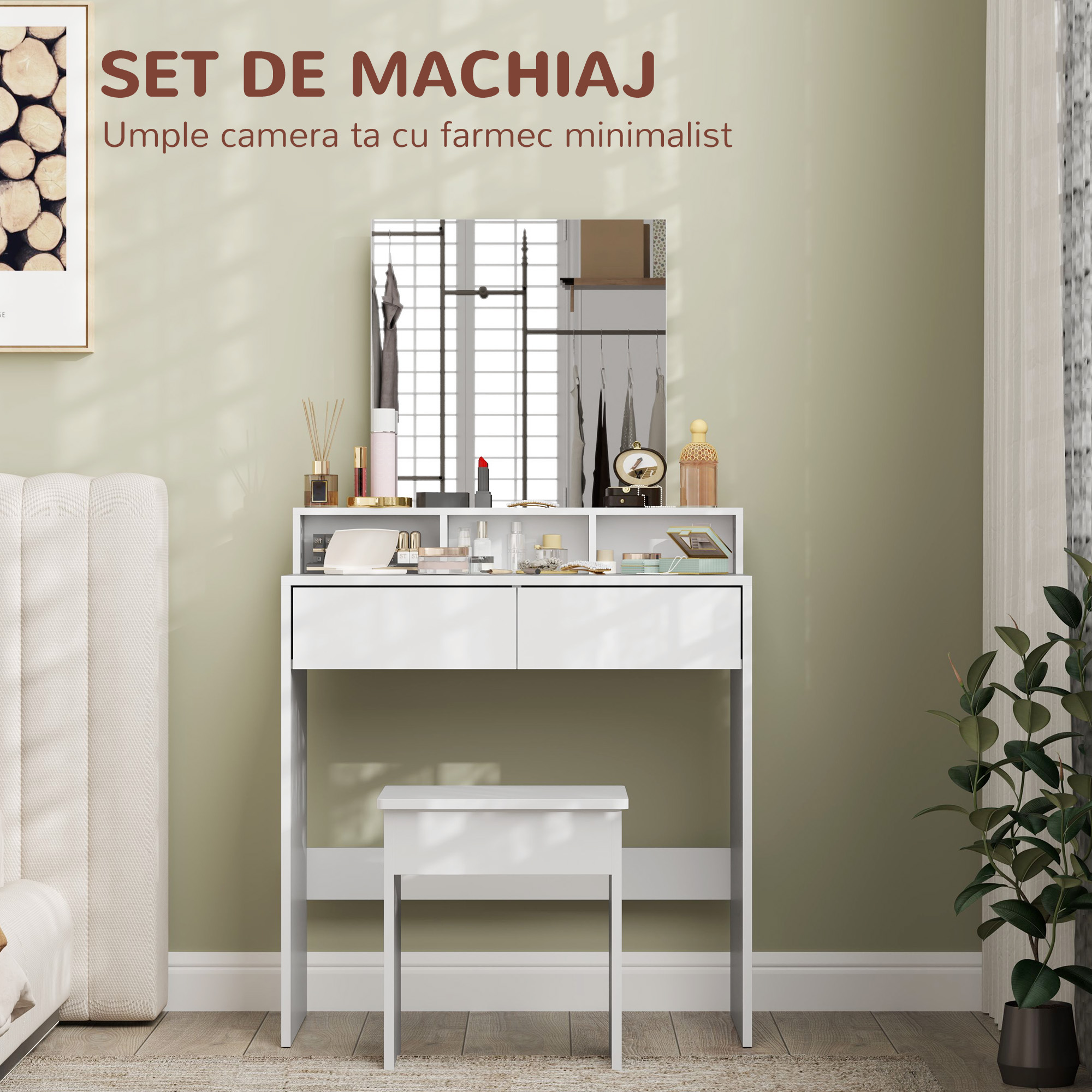  Masa de Toaleta cu Taburet, Masa de Machiaj cu Oglinda, 3 Rafturi, 2 Sertare, din Lemn, 75x38x135 cm, Alb [3]