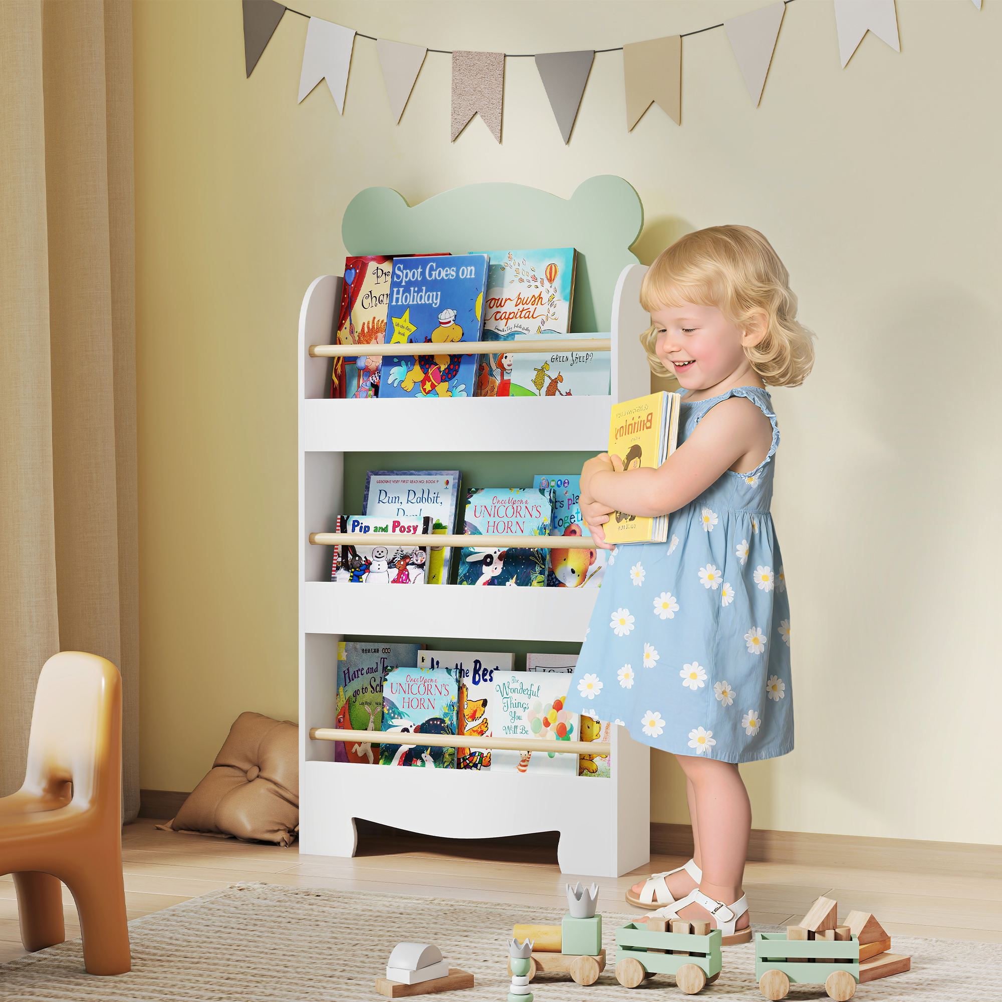  Biblioteca Copii 3 Rafturi in Forma de Ursulet 55x15x110 cm, Verde [1]