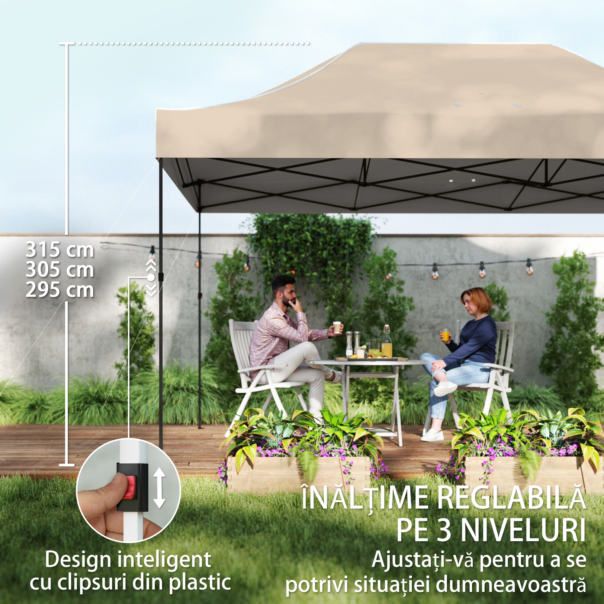  Gazebo Pop Up pliabil cu pereti laterali si ferestre, 2.9x4.3 m, din metal si tesatura Oxford, maro nisipiu [7]