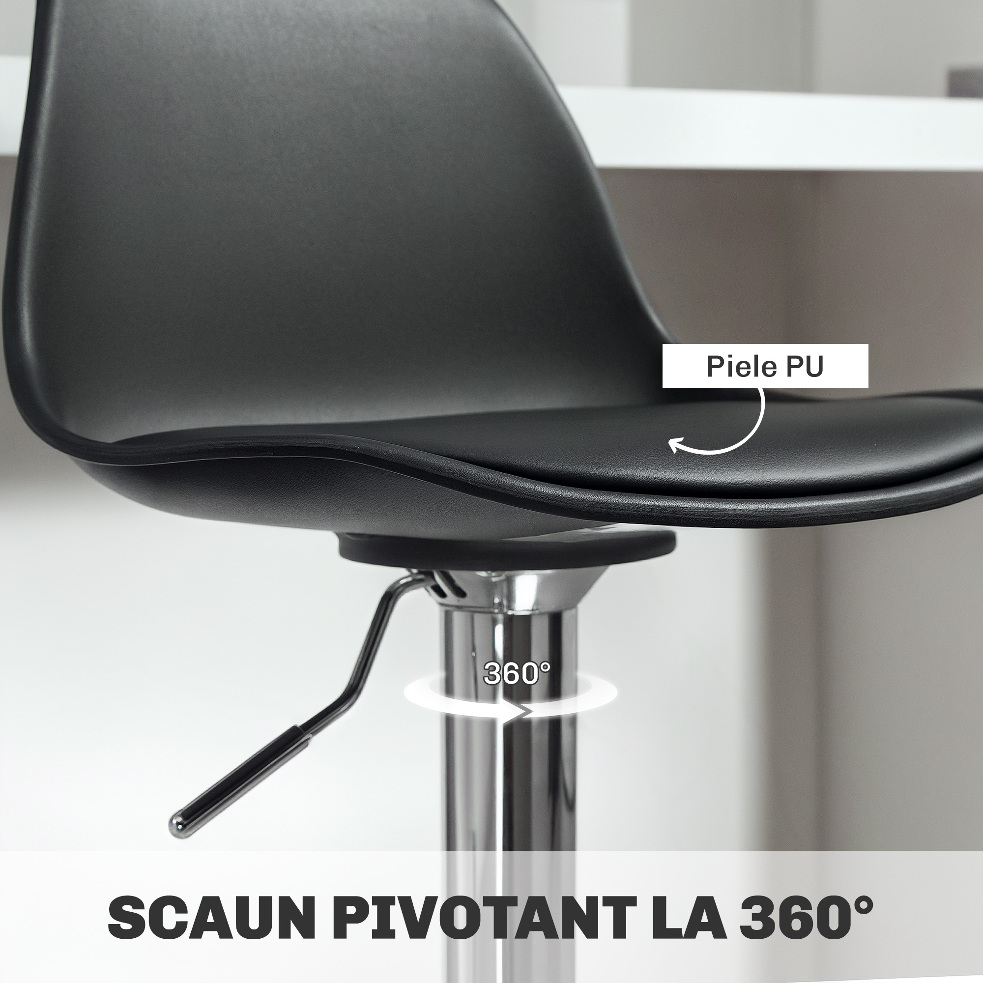  Set 2 Scaune de Bar cu Spatar si Suport pentru Picioare, din PP, Piele PU si Otel, 38x42x82-104 cm, Negru [5]