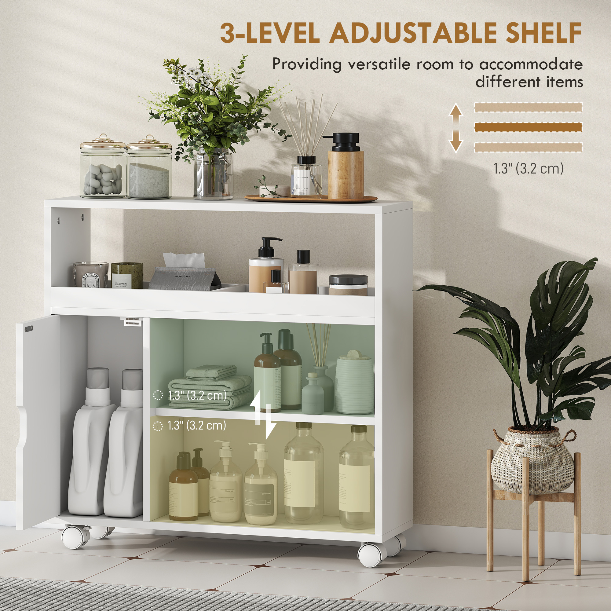  Dulap pentru Baie pe Rotile din Lemn cu Spatiu Deschis, Rafturi Reglabile si Usi din Sticla, 71x20x70 cm, Alb [6]