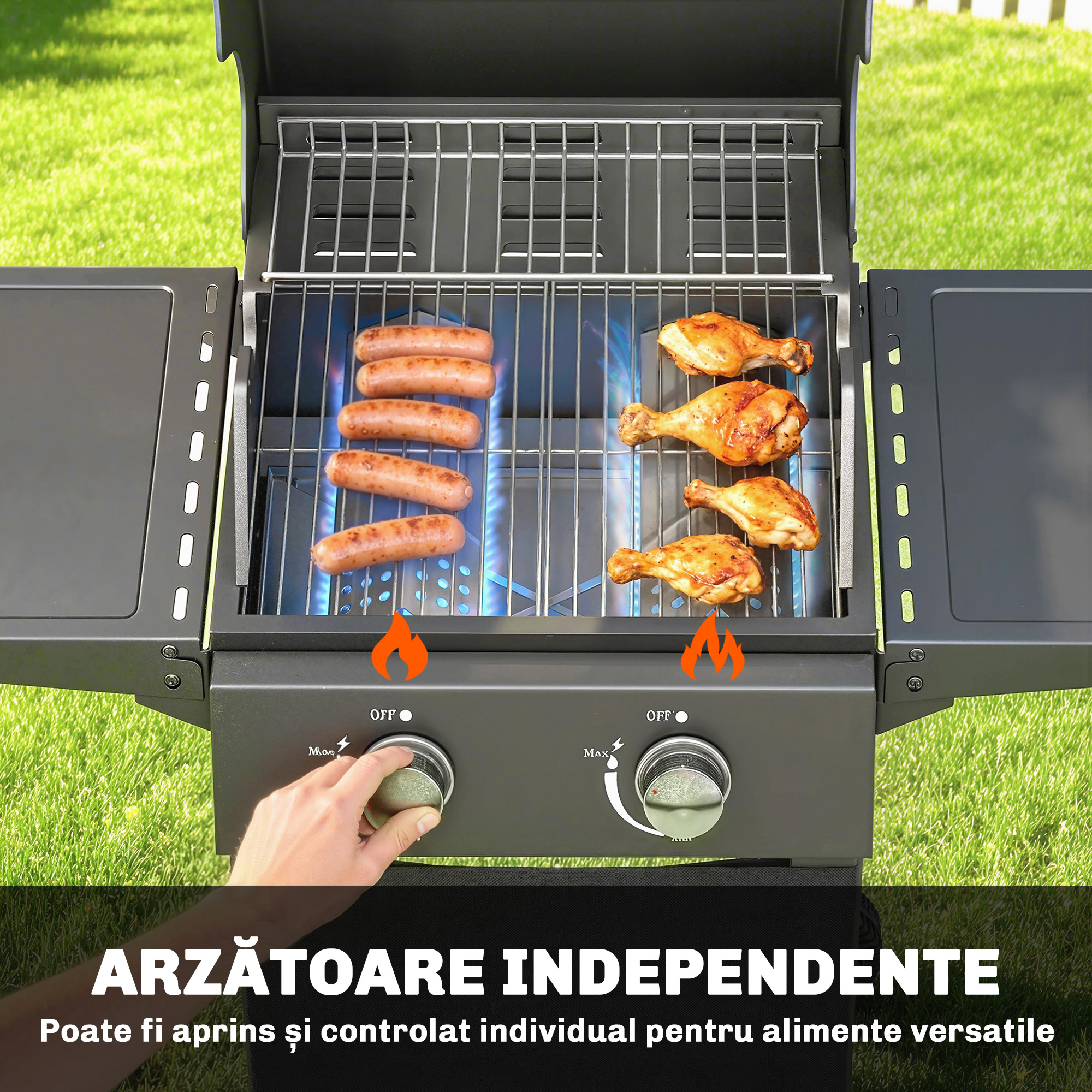  Gratar pe Gaz Protan cu 2 Arzatoare, Portabil, Termometru, Negru [3]