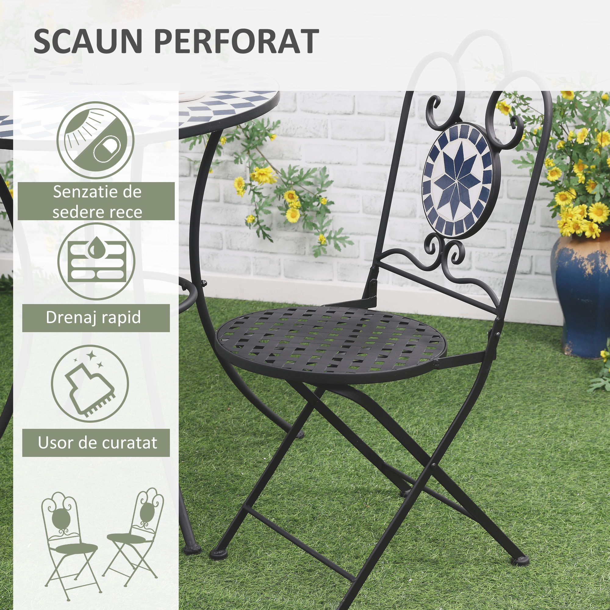  Set de Gradina 3 Piese cu 2 Scaune Pliante si 1 Masuta de Gradina, din Metal si Piatra [5]