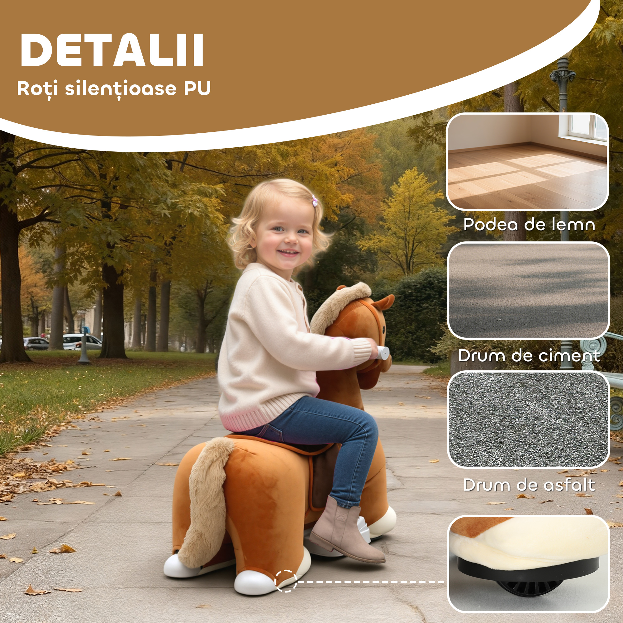  Cal Electric pentru Copii, Jucarie cu Husa Lavabila si Roti Silentioase, Maro [5]