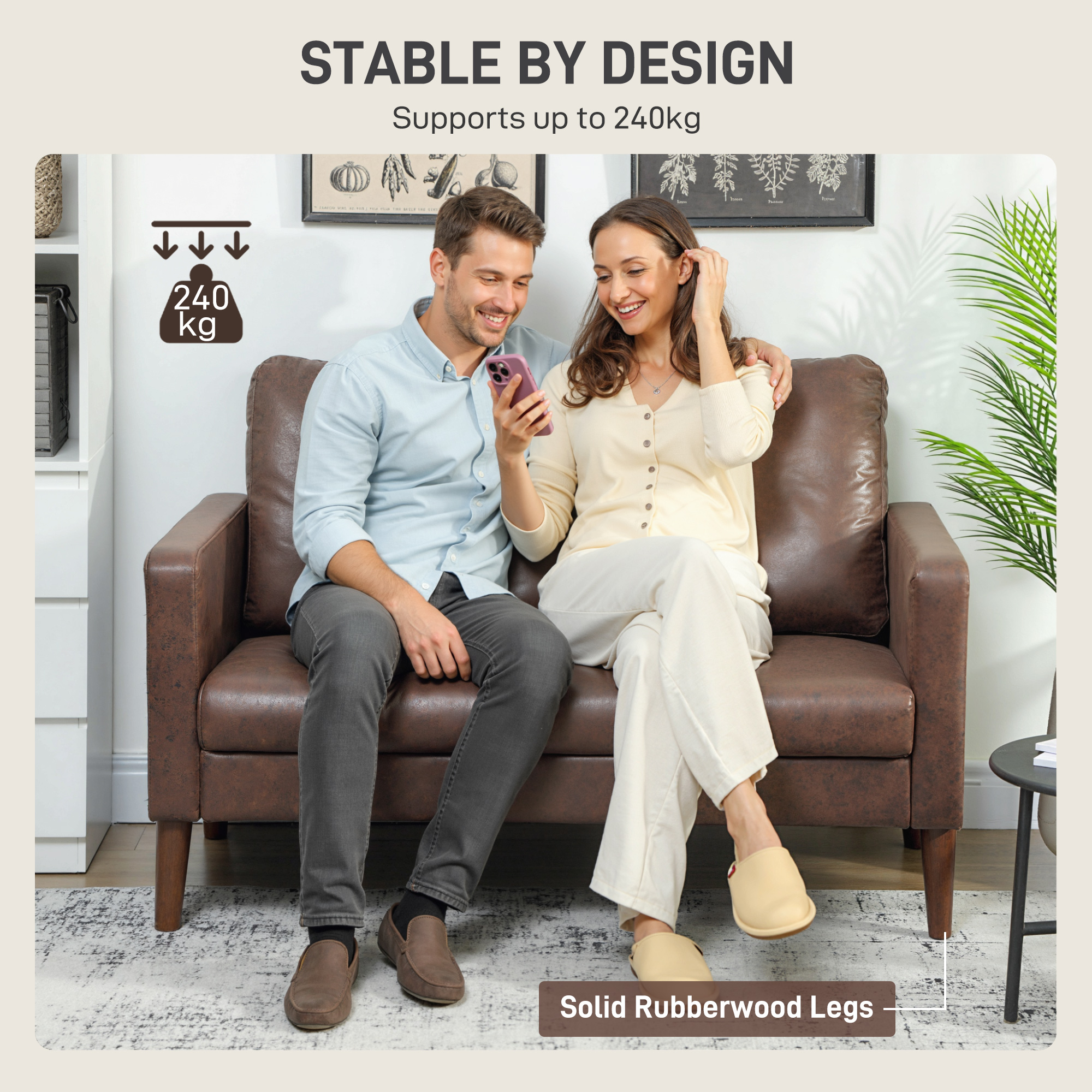  Divan cu 2 Locuri in Material Textil Efect Piele si Picioare din Lemn Maro [4]