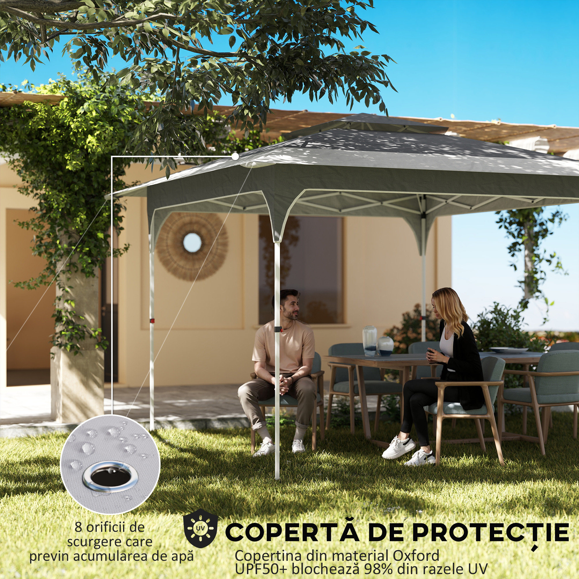  Pavilion Pop-Up pliabil 3.5x3.5 m cu acoperis dublu si geanta, din metal si material Oxford, gri inchis [3]