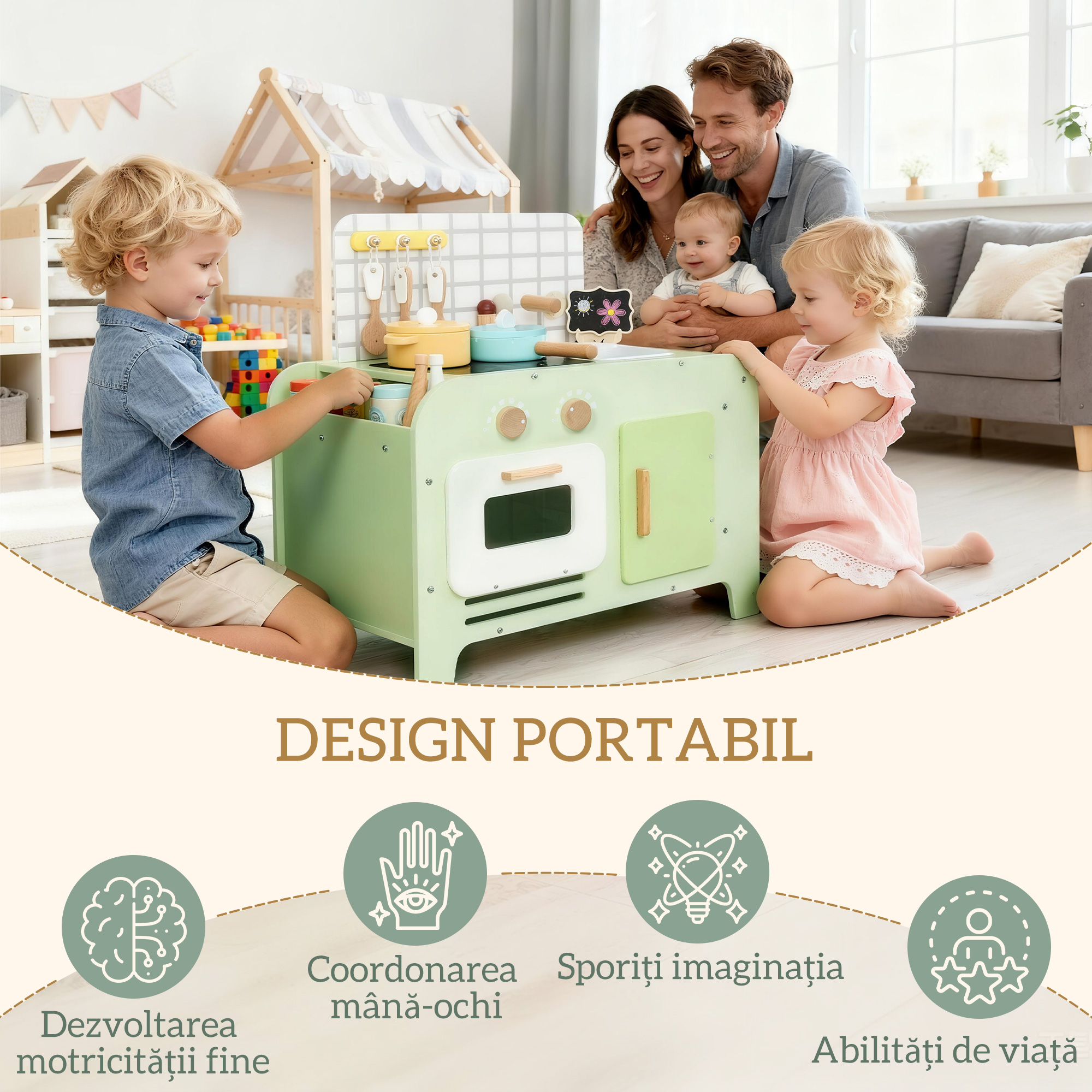  Set de Bucatarie de Jucarie din Lemn pentru Copii de 3+ Ani cu 15 Accesorii, Verde [6]