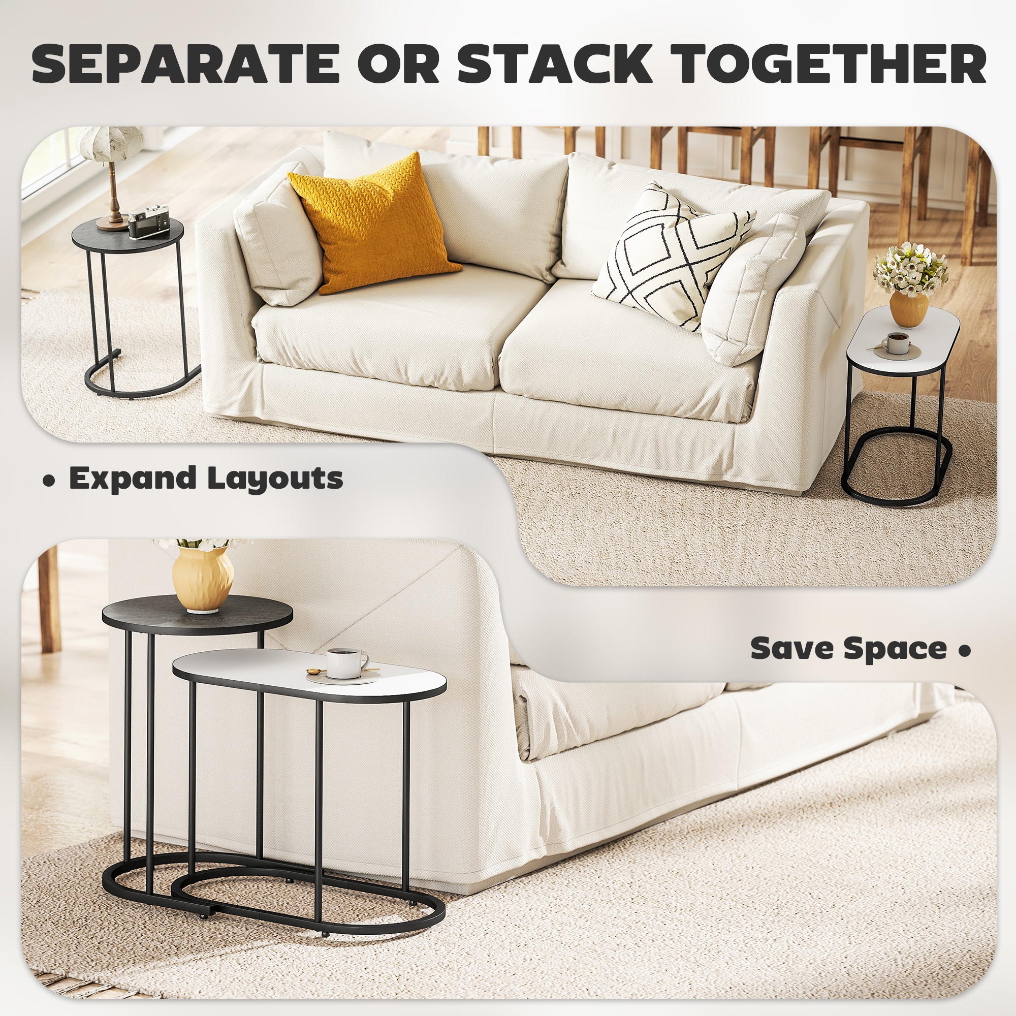  Set 2 Masute de Cafea Suprapuse cu Cadru Metalic pentru Sufragerie si Birou, Gri si Alb [3]