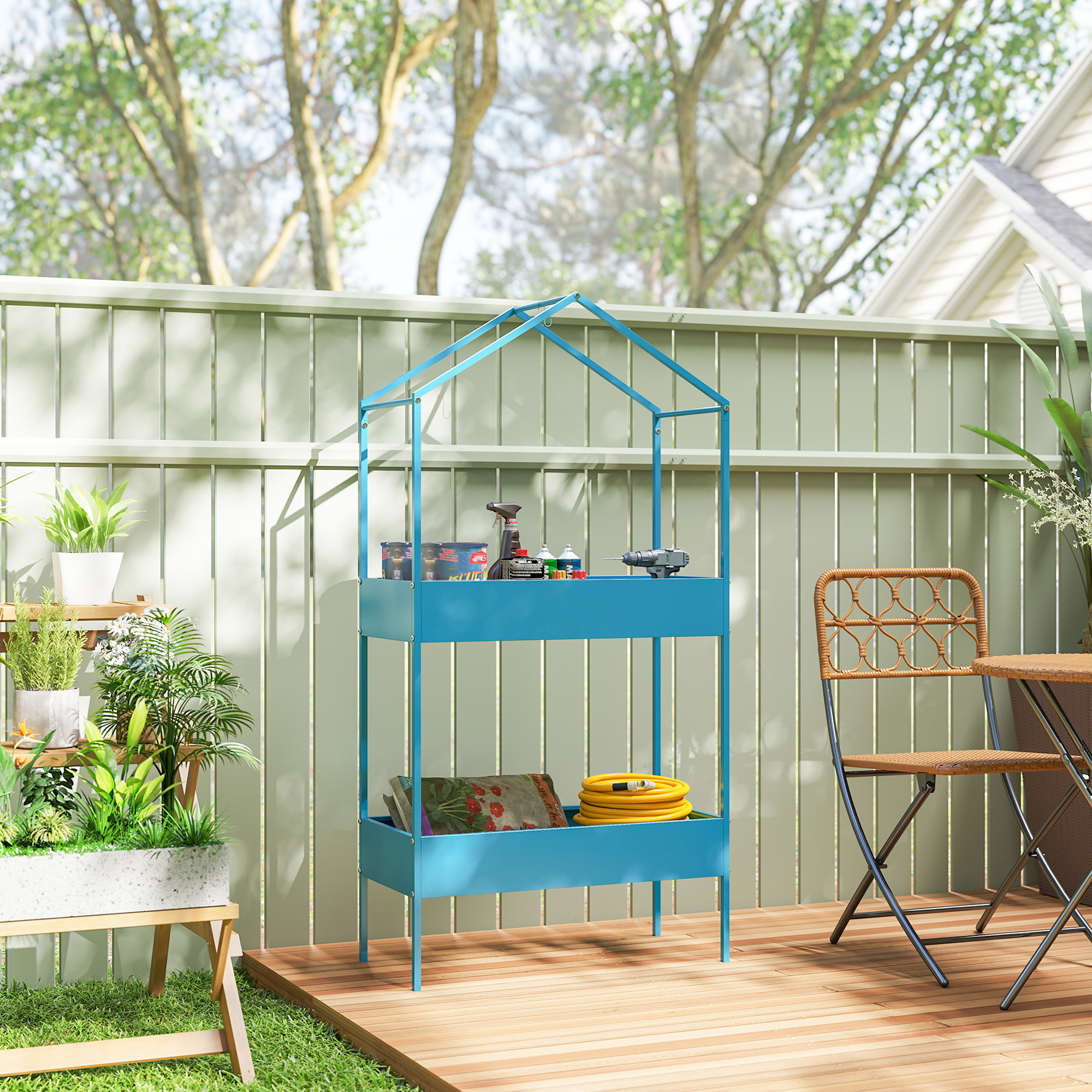  Suport pentru Ghivece pe 2 Niveluri din Metal in Forma de Casuta, Etajera pentru Plante cu Agatatoare, pentru Interior si Exterior, 75x35x150 cm, Albastru-Verde [7]