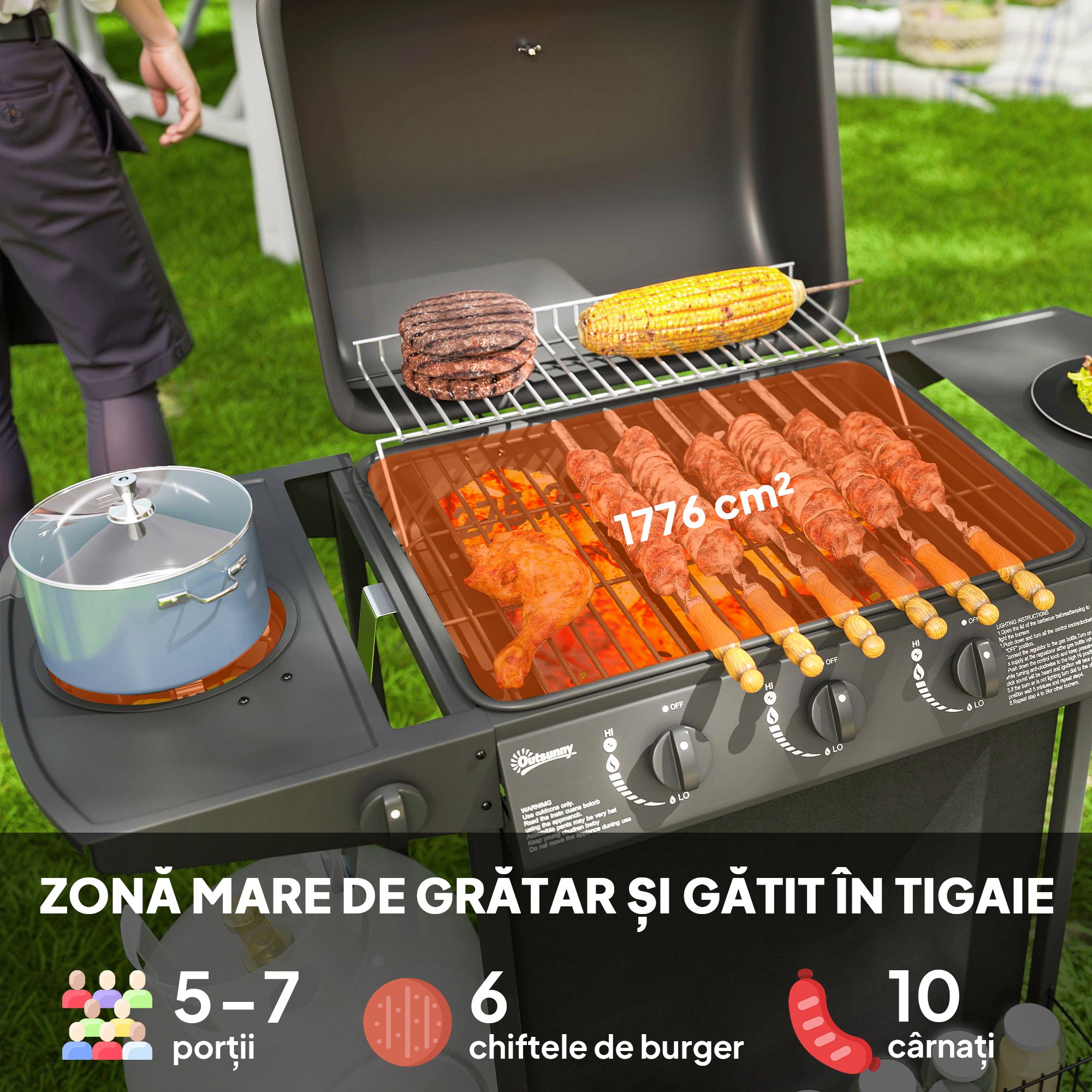  Gratar pe Gaz cu 4 Arzatoare Independente si Capac cu Termometru, 108x54x97 cm, Negru [3]