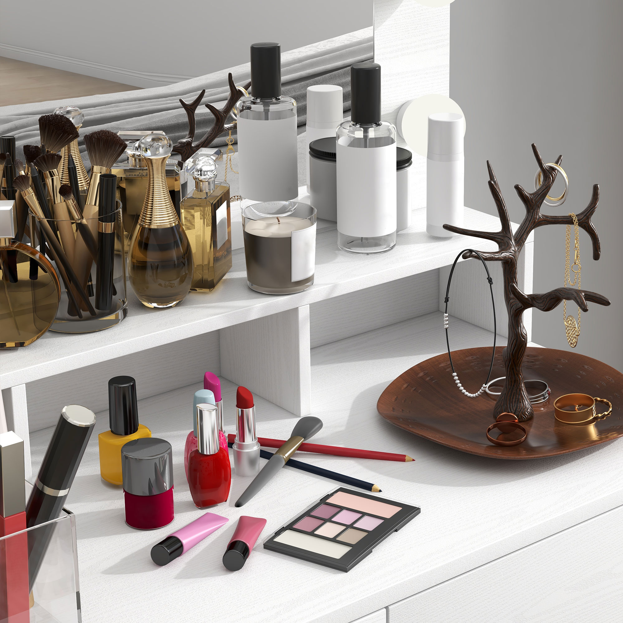  Masa Toaleta cu Oglinda si Lumina Reglabila, 2 Sertare si 3 Compartimente Alb [7]